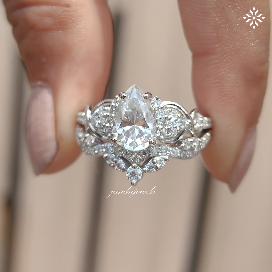 2CT Pear Moissanite Engagement Bridal Ring Set 14K Solid Gold Floral Nature Inspired Wedding Ring Set Promise Anniversary Gifts