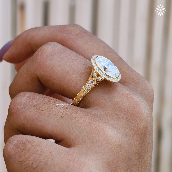 Art Deco Oval Cut Moissanite Engagement Ring Vintage Handcrafted Engraved Gold Ring Classic Bridal Ring Anniversary Gift for Her