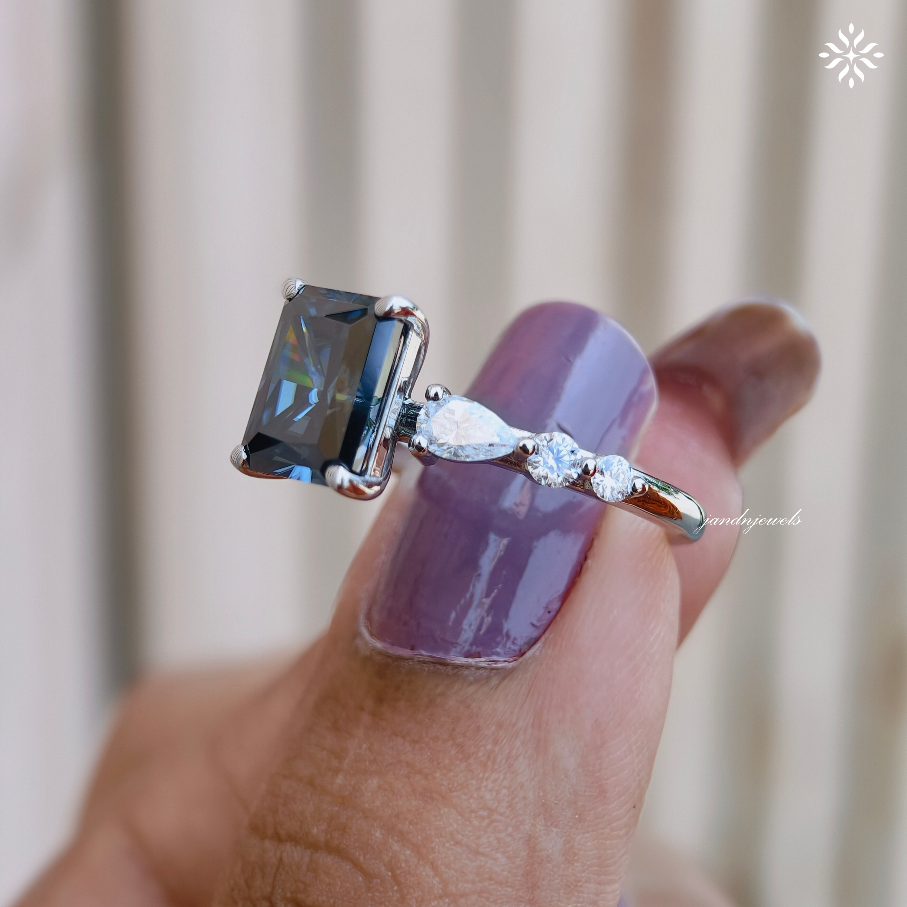 Royal Blue Radiant Cut Moissanite Engagement Ring Pear Accent Band Art Deco Gold Ring Unique Bridal Anniversary Gift for Her