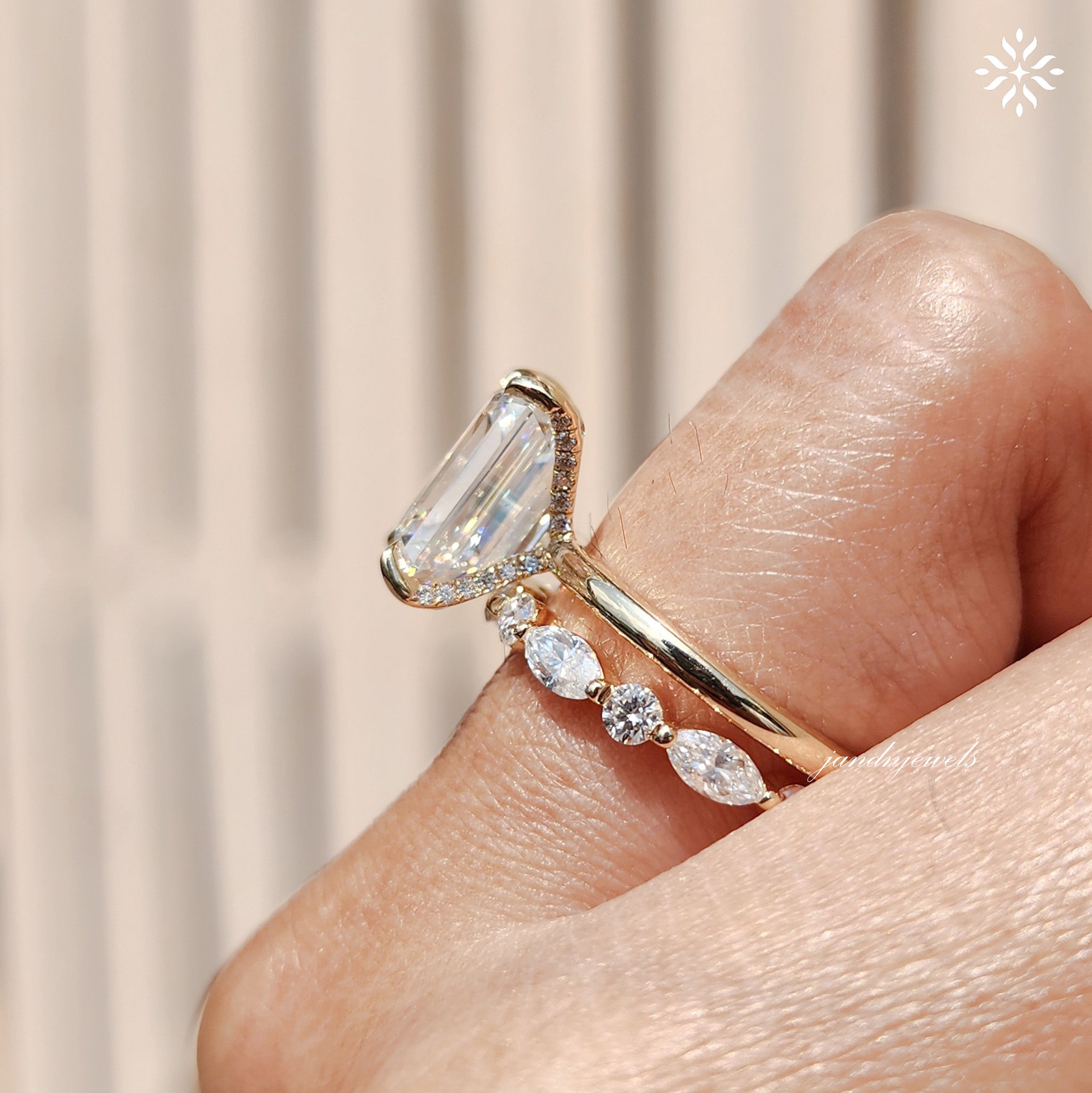 3CT Emerald Cut Moissanite Engagement Ring Set, Hidden Halo Ring Set, Round and Marquise Wedding Band, 14K Gold Bridal Ring