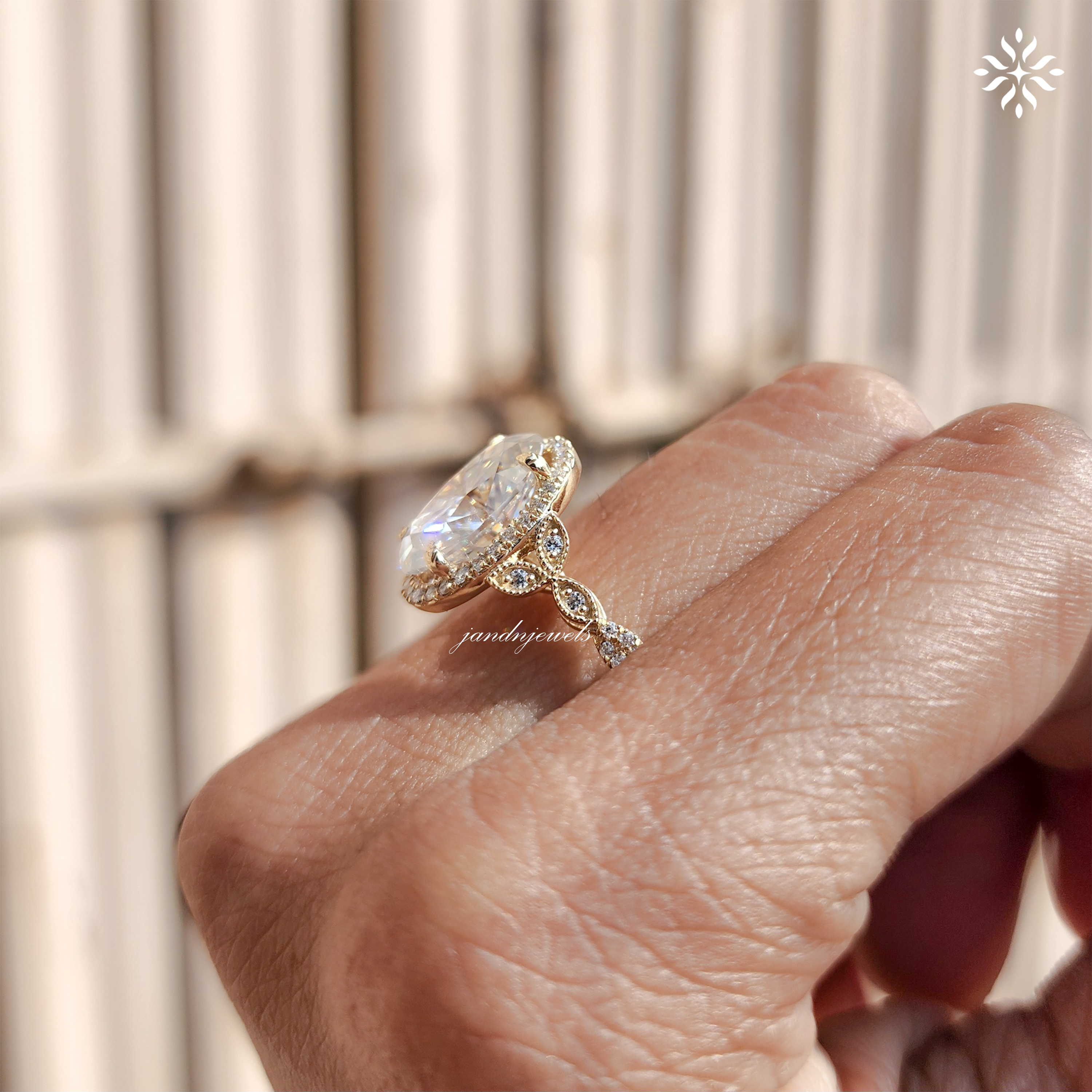 Oval Moissanite Halo Engagement Ring 14K Solid Yellow Gold, Filigree Cluster Design, Twisted Band, Classic Cathedral Setting
