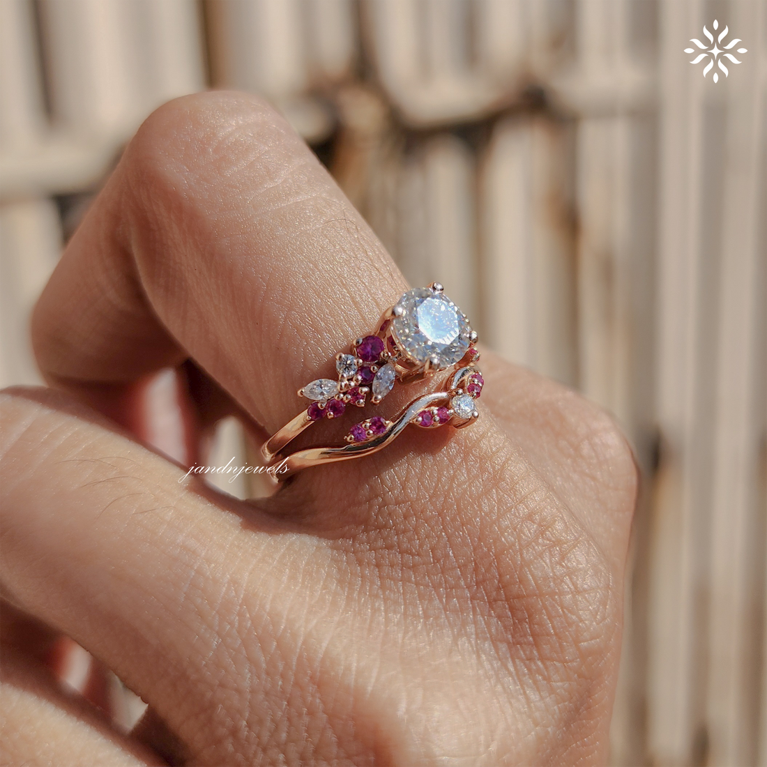 Round Cut Moissanite Engagement Ring Set lab Pink Sapphire Diamond Ring Vintage Rose Gold Bridal Ring Set Amethyst wedding Art Deco Ring Everbee logo Analyze listing