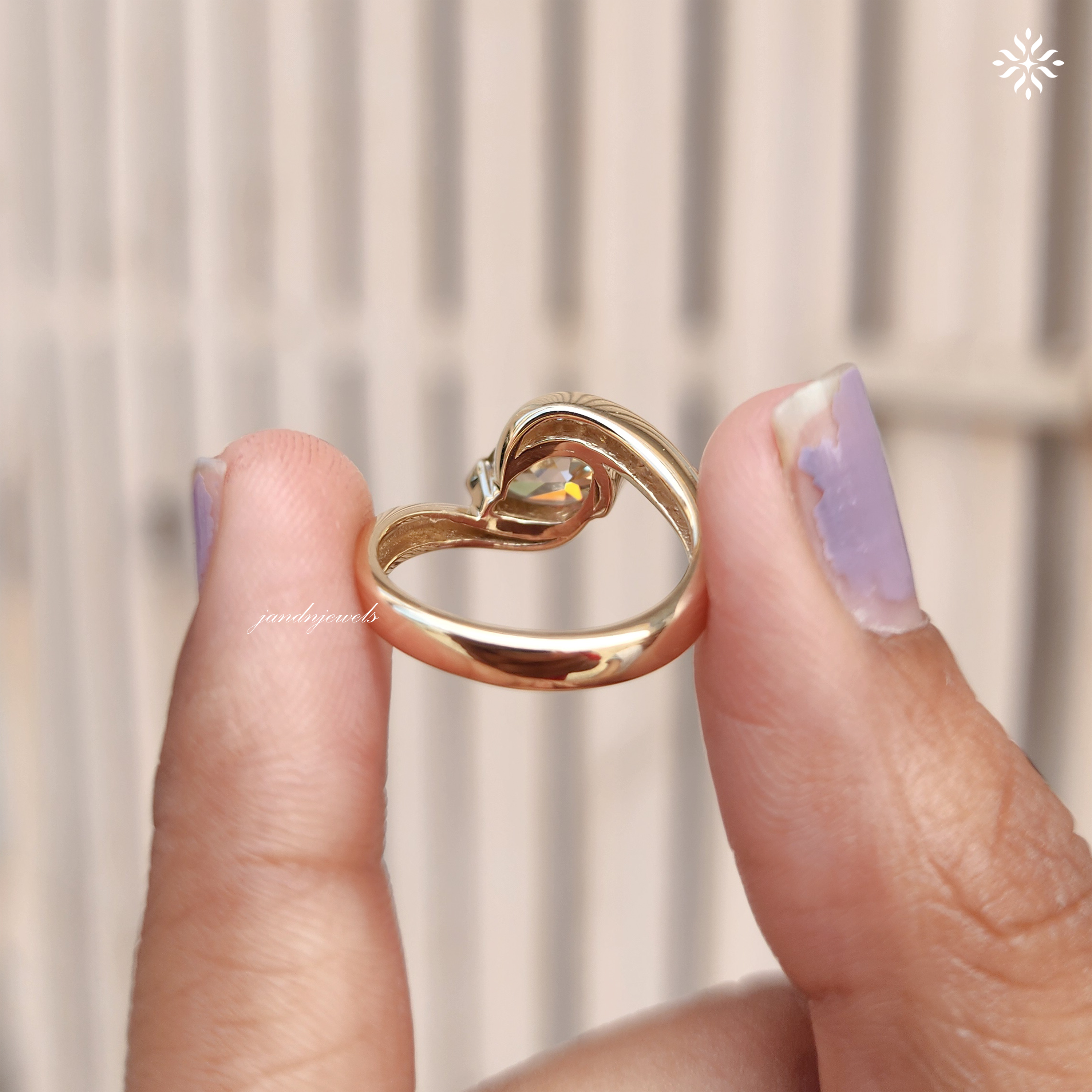 Champagne Pear Cut Moissanite Ring, Curved Pave Band, Asymmetrical Gold Engagement Ring