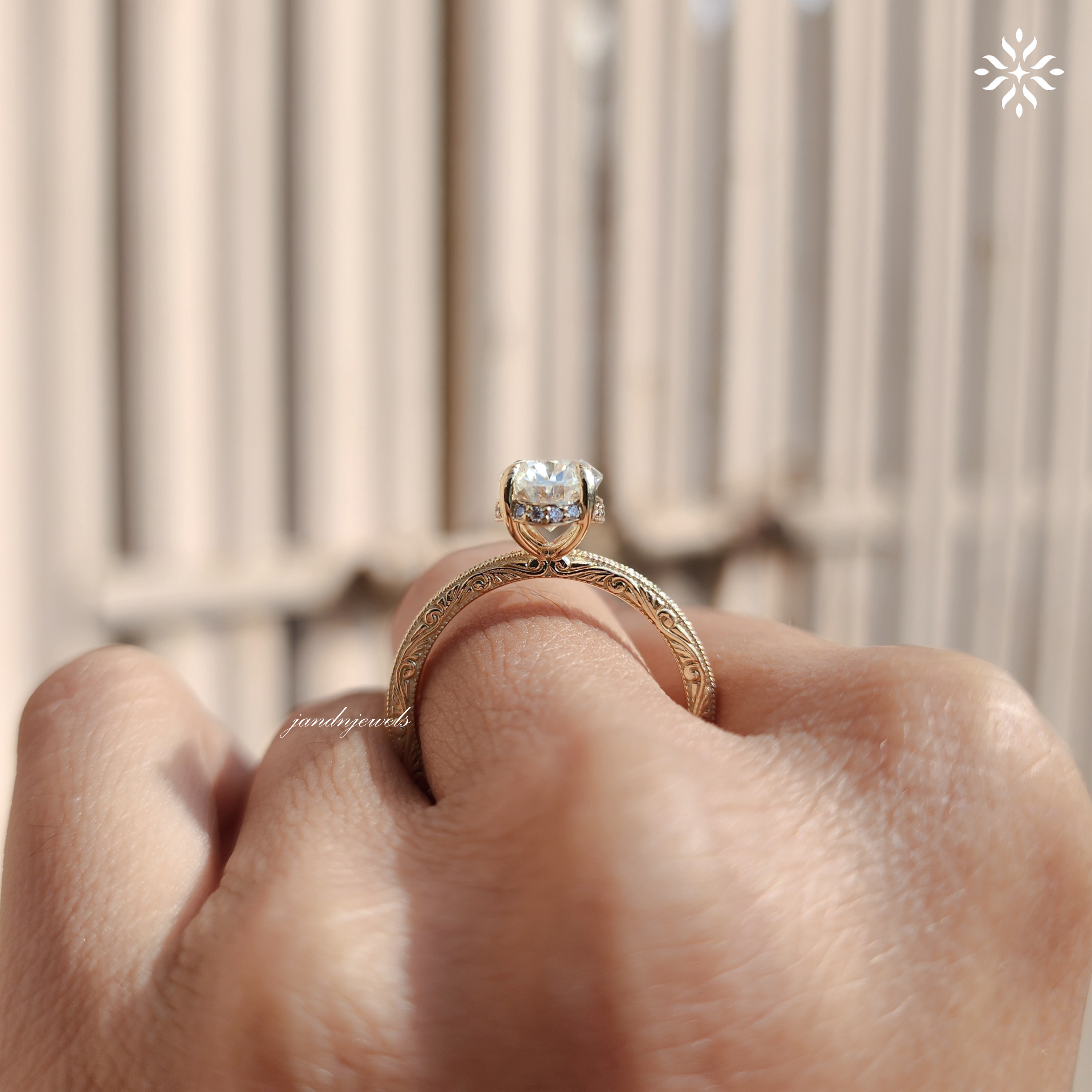 2CT Oval Cut Moissanite Engagement Ring Solitaire Diamond Ring Handcrafted Engraved Wedding Band 14K Solid Gold Hidden Halo Ring