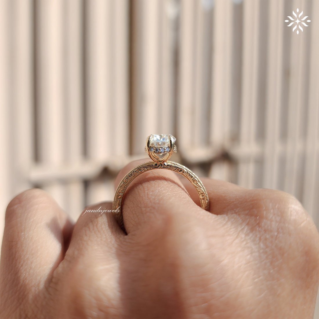 2CT Oval Cut Moissanite Engagement Ring Solitaire Diamond Ring Handcrafted Engraved Wedding Band 14K Solid Gold Hidden Halo Ring