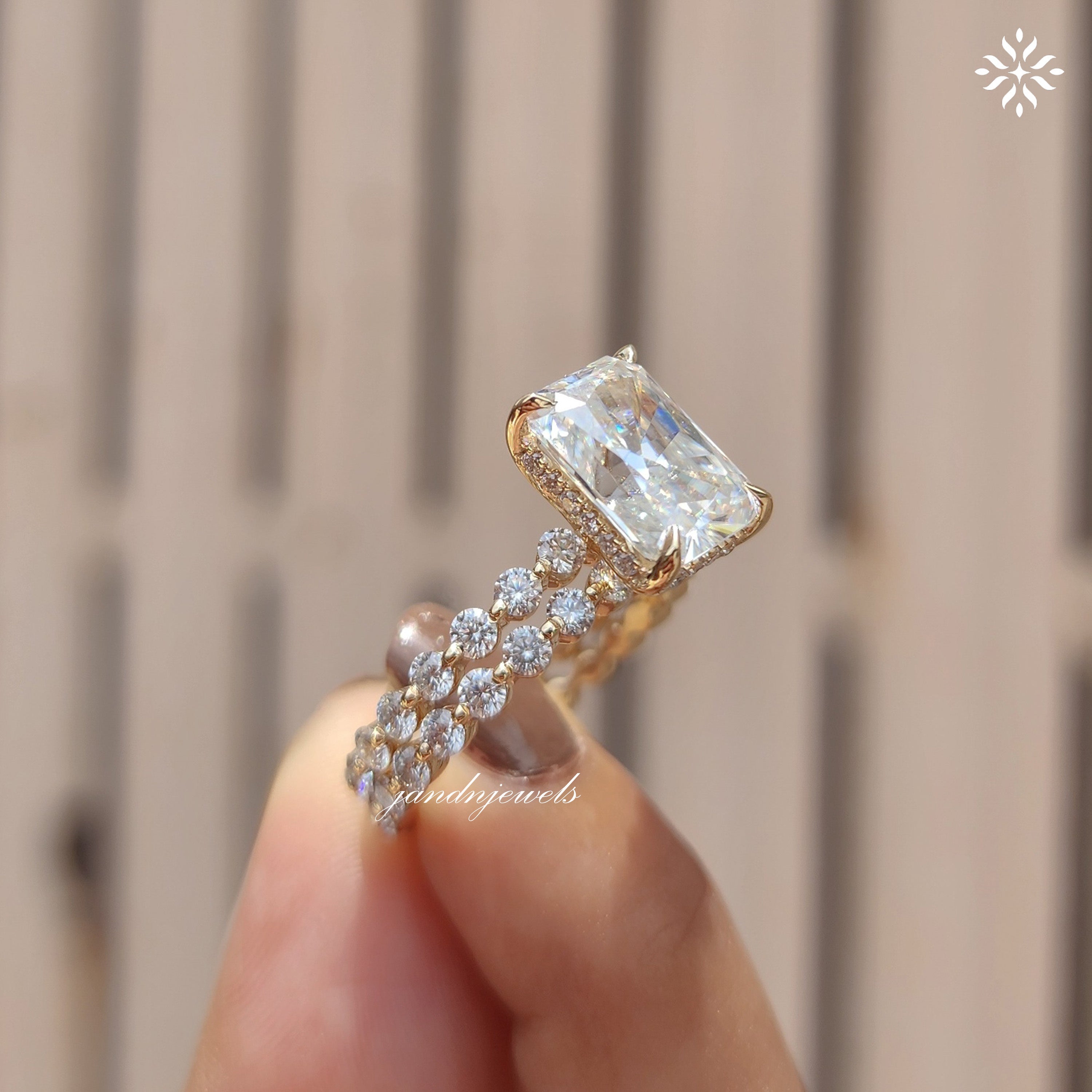 4CT Radiant Cut Moissanite Engagement Ring Set Bubble Band Ring Wedding Ring Set Bridal Ring Set Hidden Halo Ring
