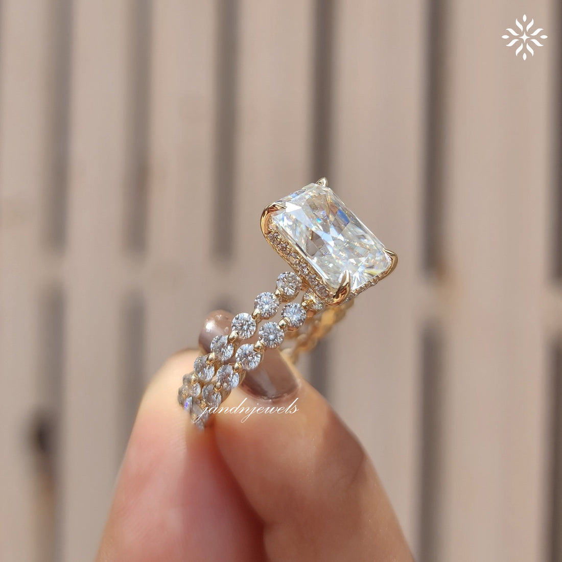 4CT Radiant Cut Moissanite Engagement Ring Set Bubble Band Ring Wedding Ring Set Bridal Ring Set Hidden Halo Ring