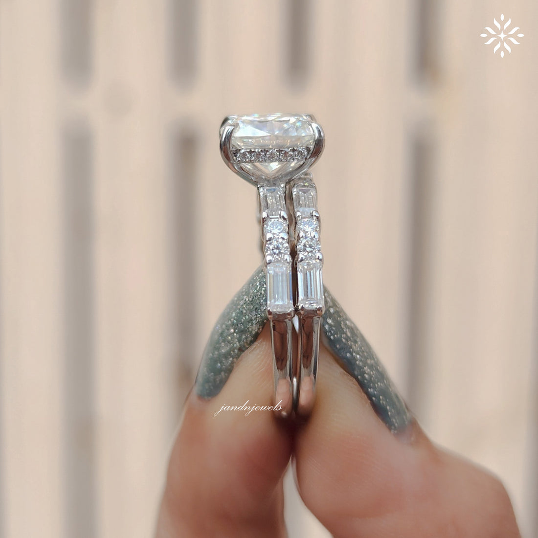 Elongated Cushion Cut Moissanite Engagement Ring Set Baguette & Round Diamond Band Bridal Ring Set 14K White Gold Ring Set