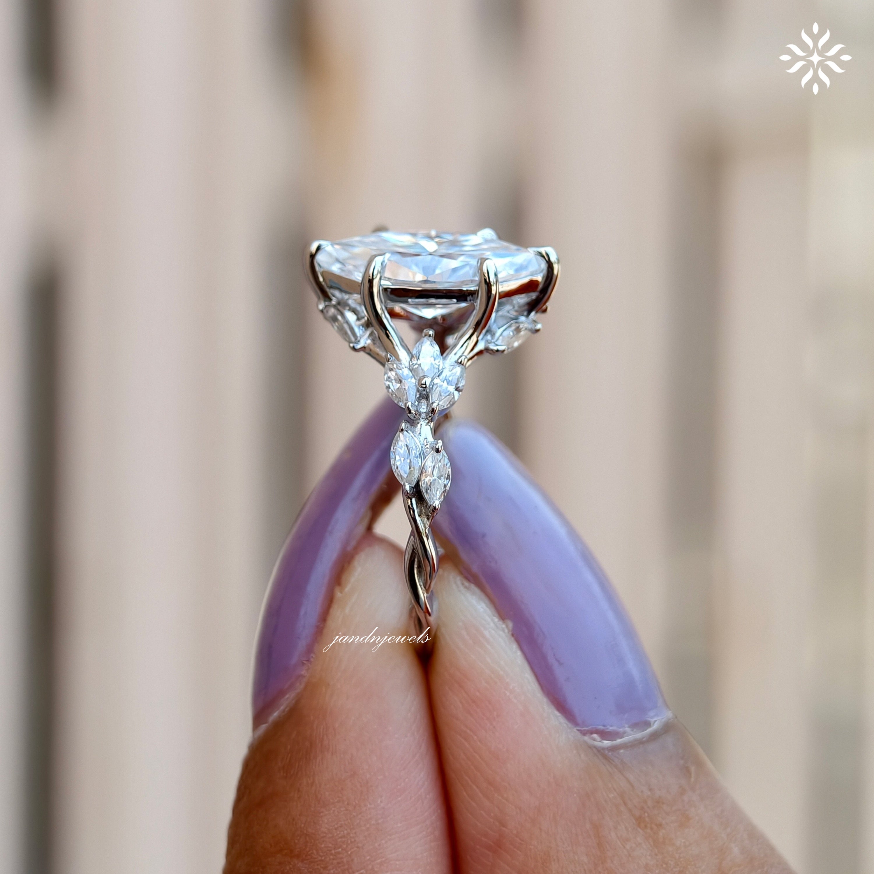 2CT Marquise Cut Moissanite Engagement Ring 14K White Gold Floral Vine Art Deco Ring