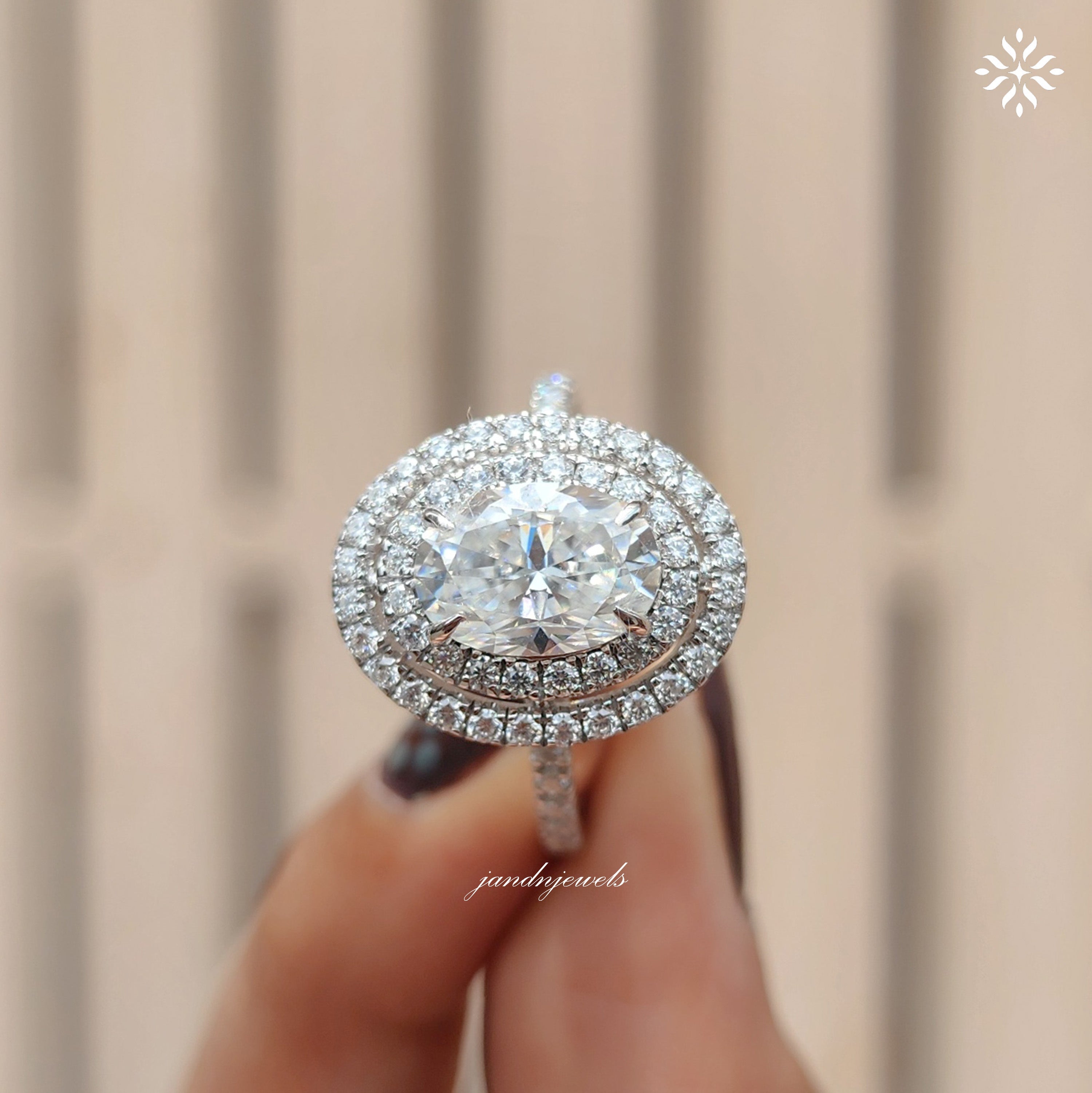 Double Halo Oval Moissanite Engagement Ring Unique Halo Ring Ring Wedding Pave Band 14K White Gold Ring Anniversary gift For Women