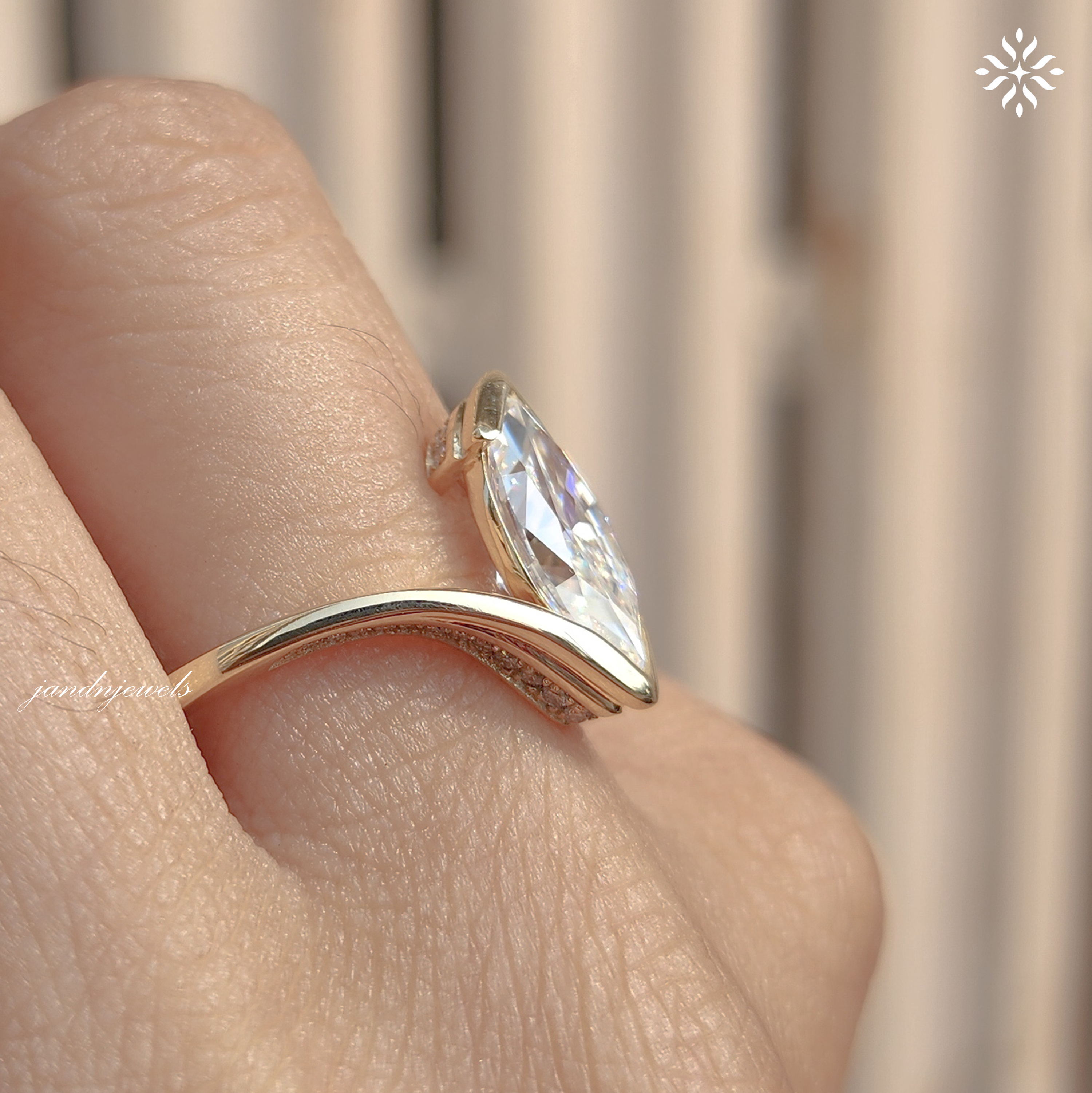 Marquise Moissanite Wrap Ring, Curved Pave Gold Band, Elegant Unique Engagement Ring for Women
