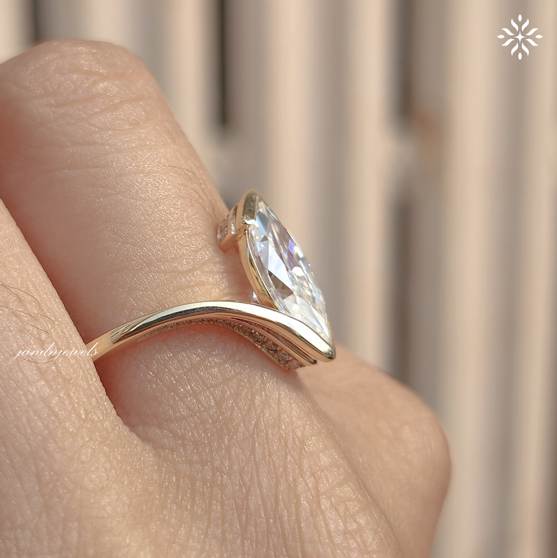 Marquise Moissanite Wrap Ring, Curved Pave Gold Band, Elegant Unique Engagement Ring for Women