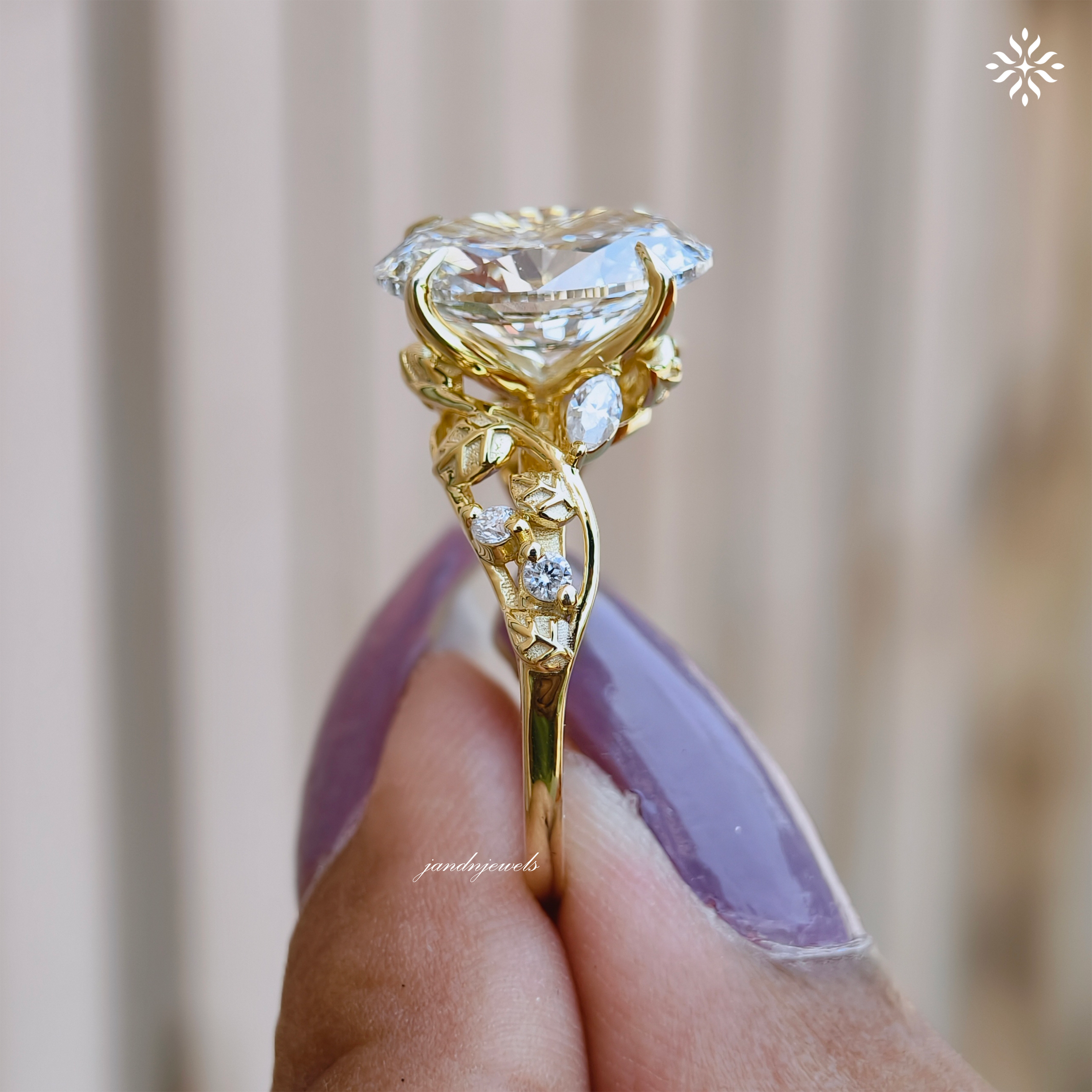 Botanical Oval Cut Lab Grown Diamond Engagement Ring Nature Inspired Floral Ring Vine Leaf Wedding Ring 14K Solid Yellow Gold Ring for Her