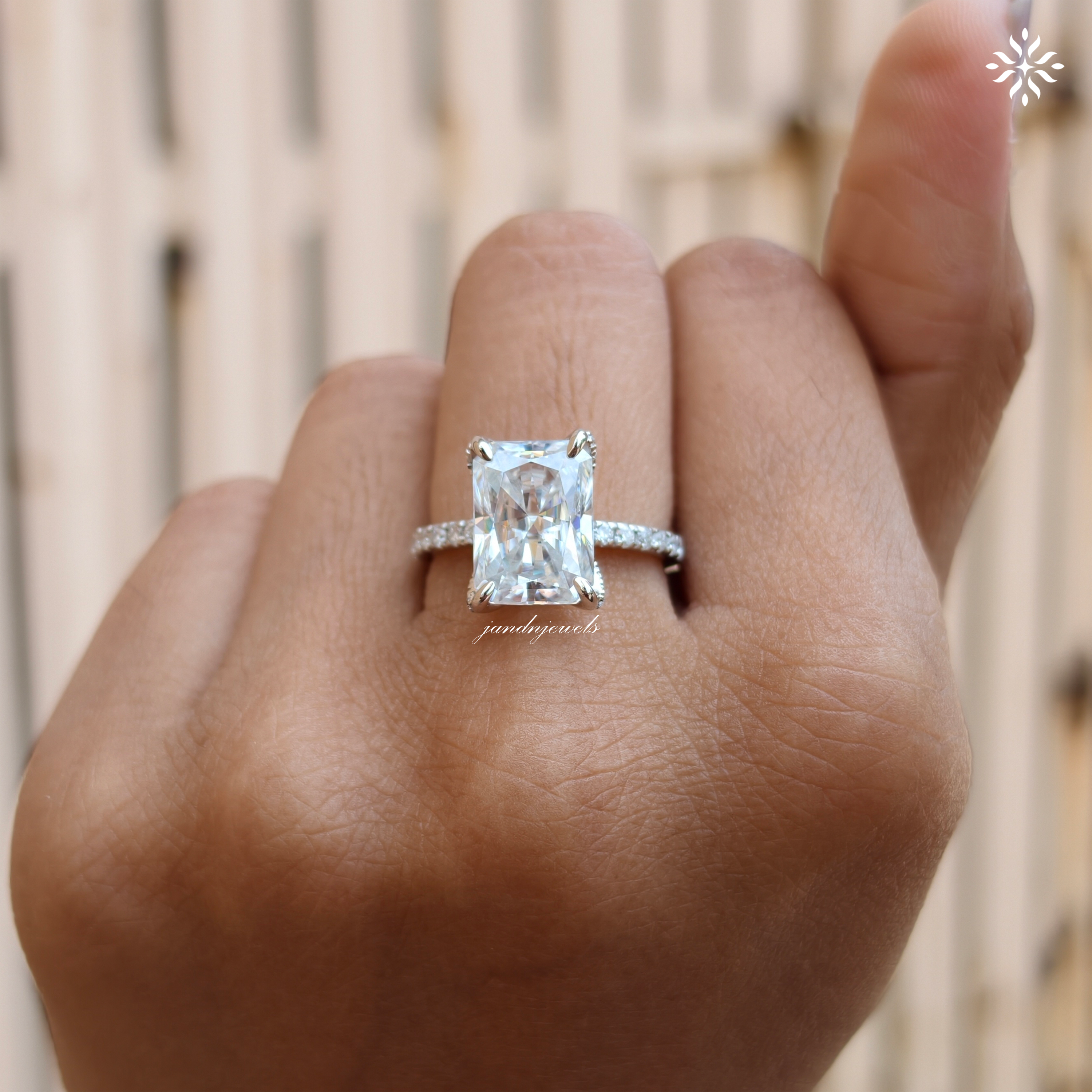 Radiant Cut Moissanite Engagement Ring Hidden Halo Ring 14K Solid Gold Baguette Halo Ring Diamond Ring for Women