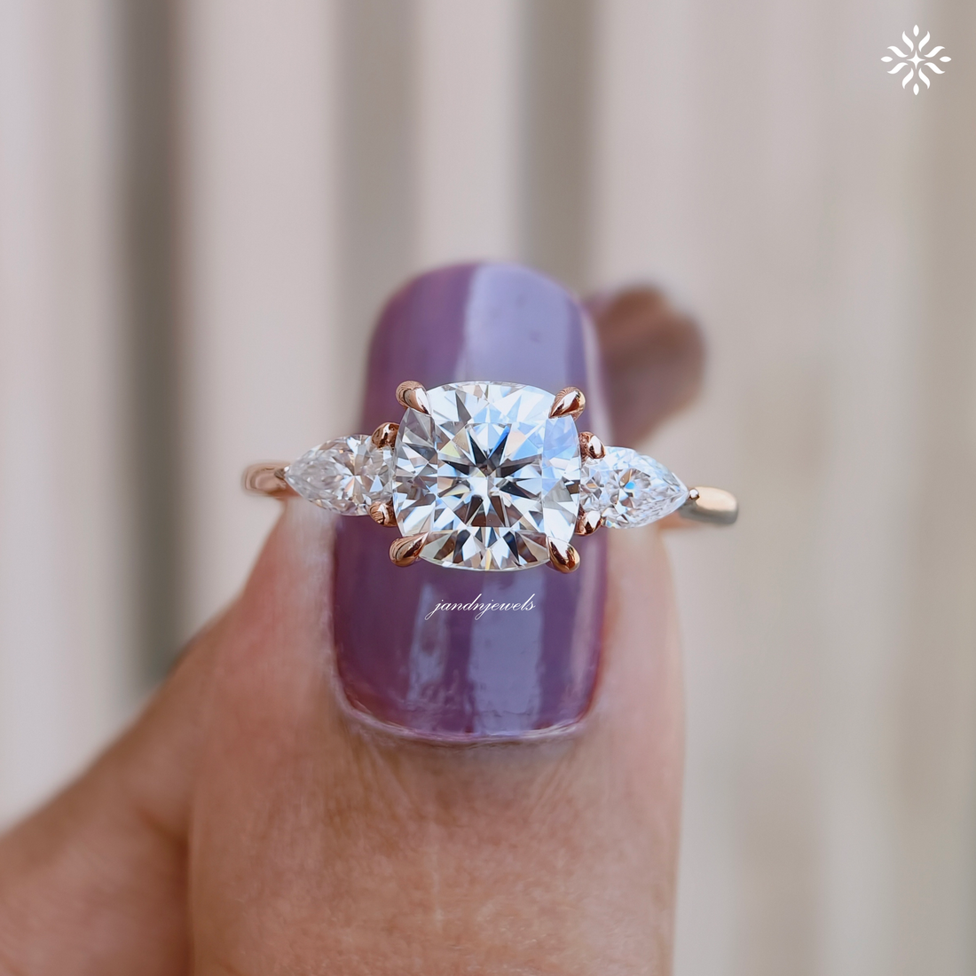 2CT Three Stone Cushion Cut Moissanite Diamond Ring Trilogy Wedding Ring Side Stone Pear Shaped Ring Classic Ring