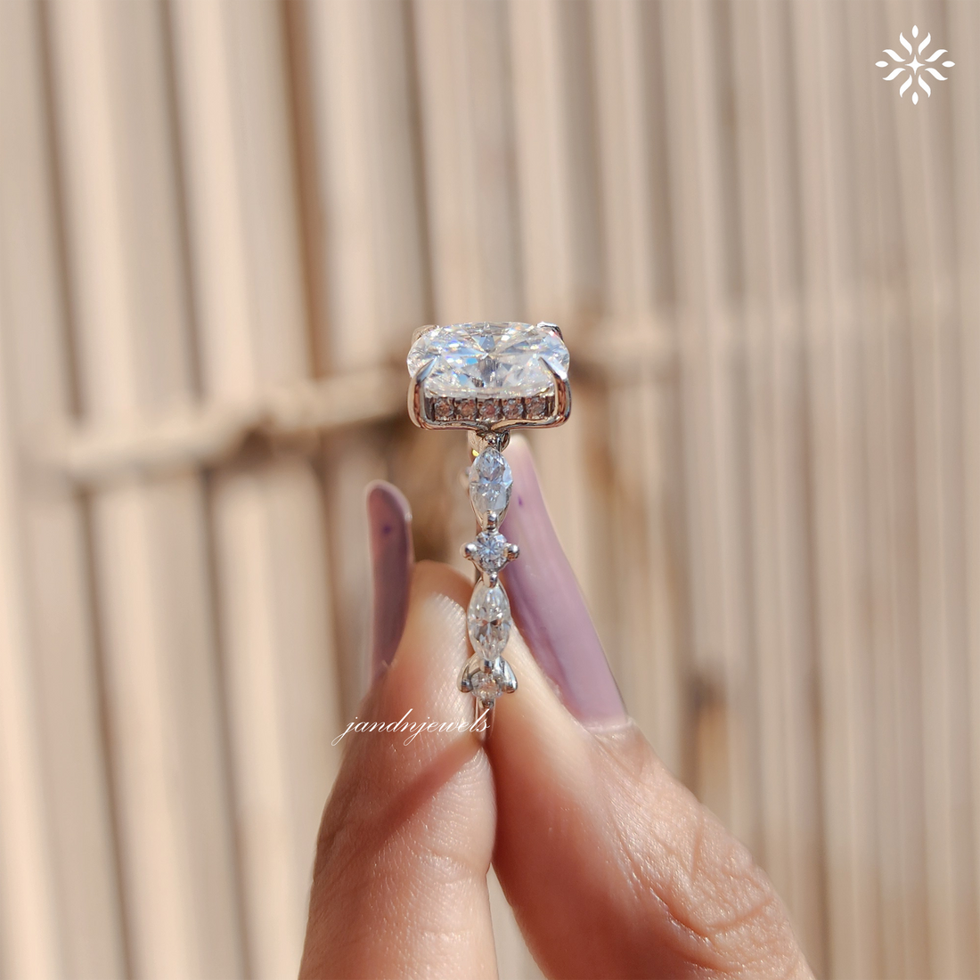 Unique Hidden Halo Cushion Cut Moissanite Engagement Ring Marquise Band Elongated Moissanite Wedding Ring Women Promise Anniversary Ring