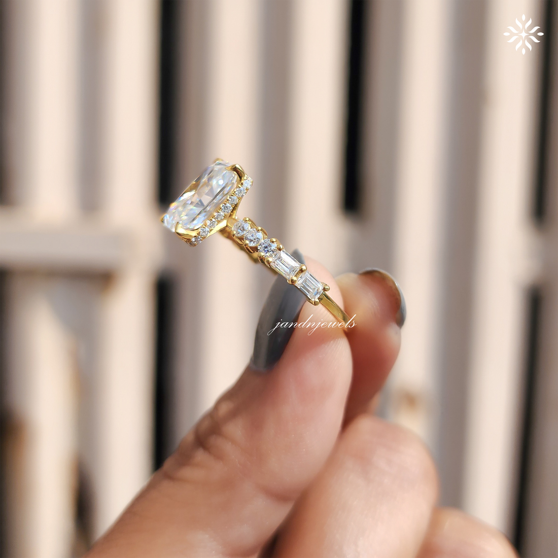 Radiant Cut Moissanite Engagement Ring Hidden Halo Radiant Cut Ring Baguette Band