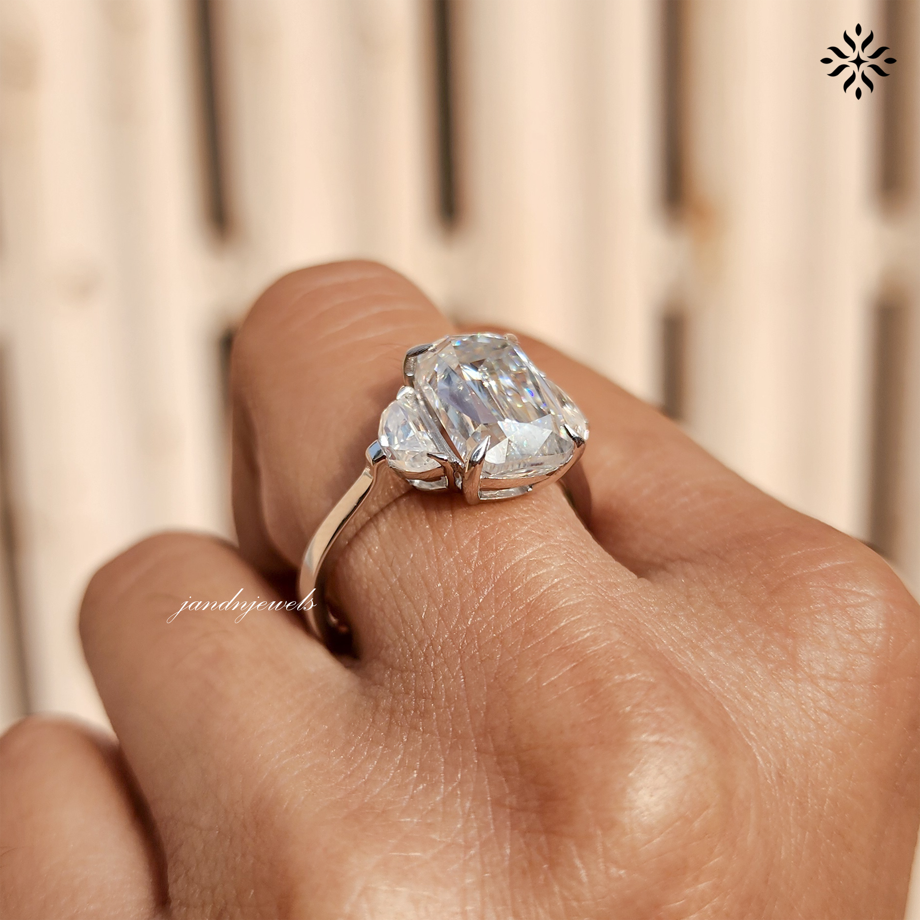 Elongated Criss Cut Cushion Moissanite Engagement Ring Three Stone Wedding Ring Side Stone Half Moon Trilogy Ring Multi Stone Ring for Her