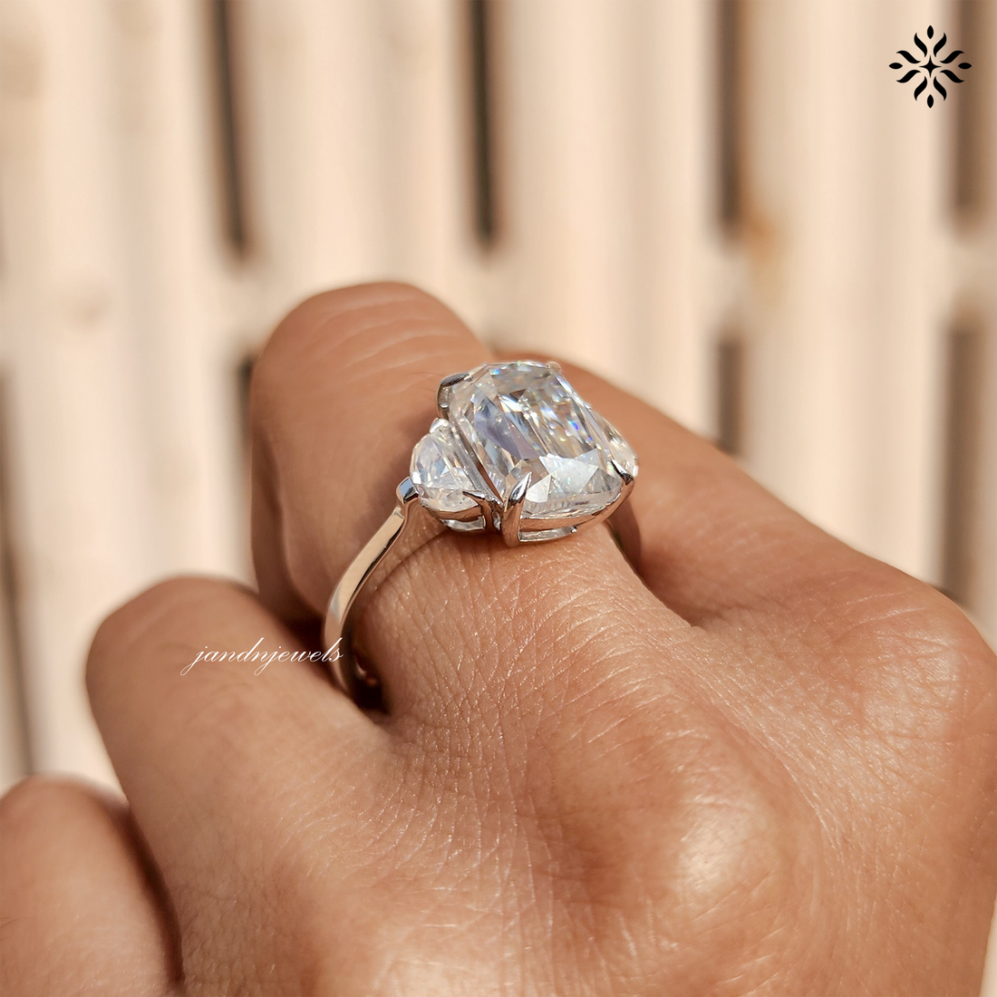 Elongated Criss Cut Cushion Moissanite Engagement Ring Three Stone Wedding Ring Side Stone Half Moon Trilogy Ring Multi Stone Ring for Her