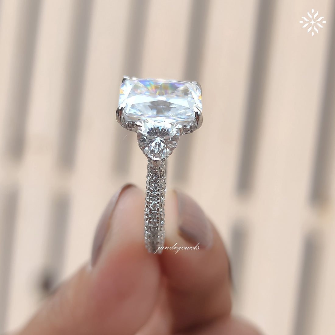 Three Stone Radiant Cut Moissanite Engagement Ring Side Stone Heart Ring