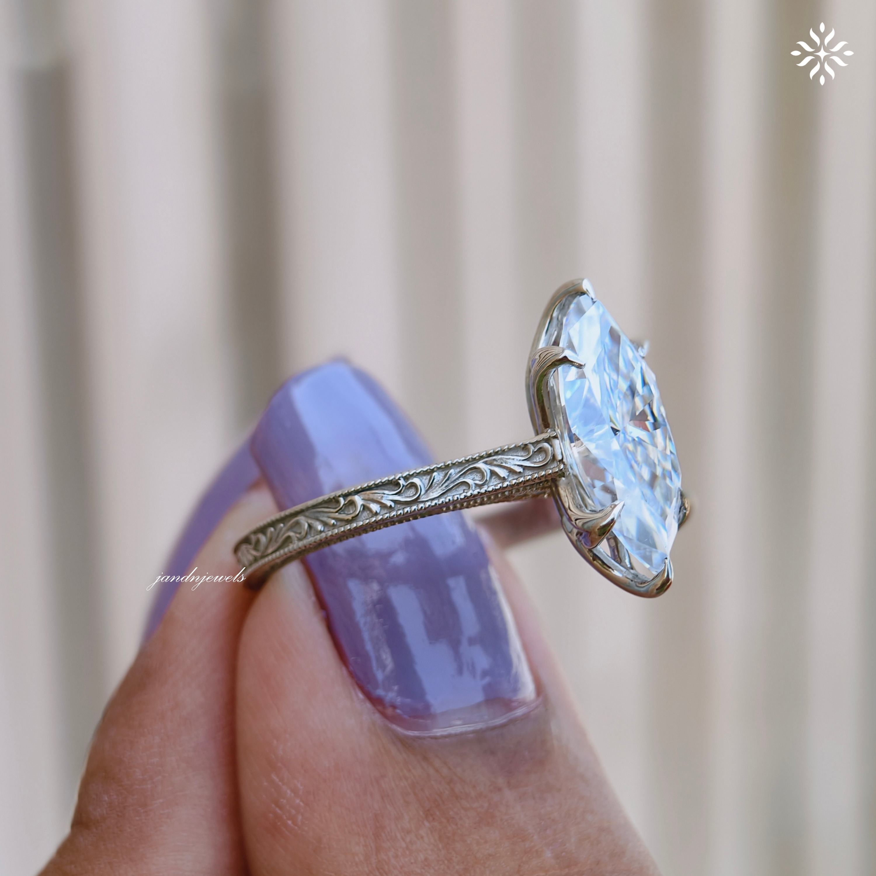 2.5CT Filigree Marquise Cut Moissanite Engagement Ring Art Deco Engraved Band Solitaire Ring 14K Gold Six Prong Designer Bridal Ring for Her