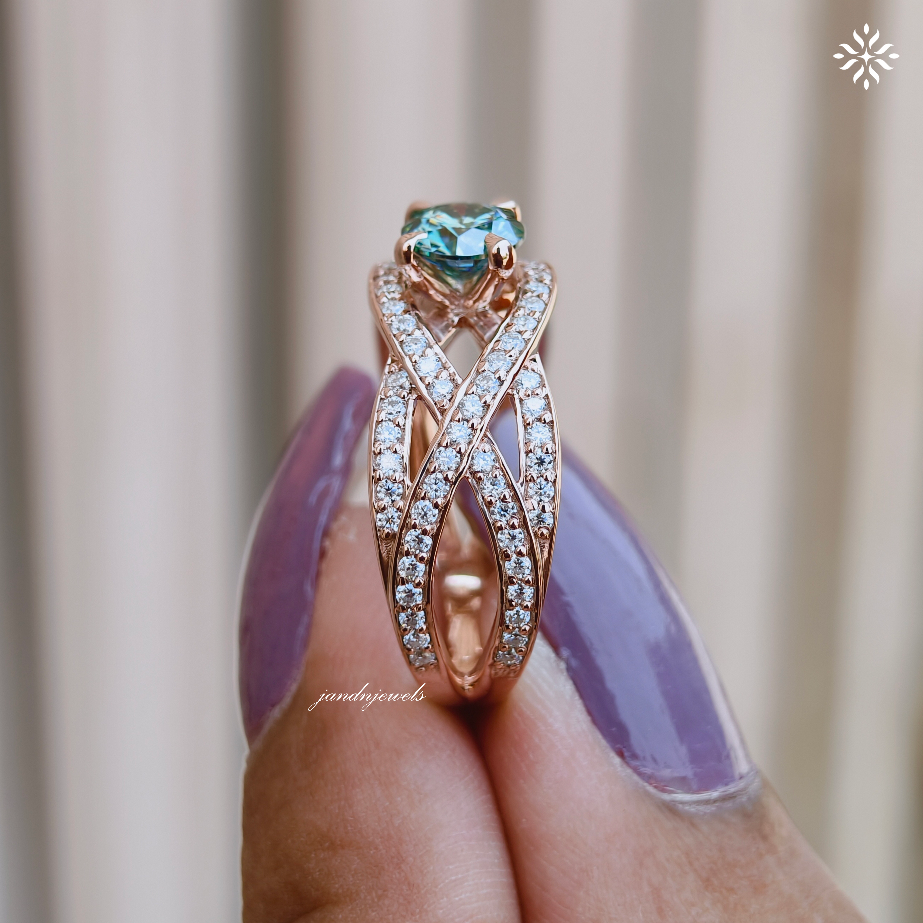 Cyan Blue Round Cut Moissanite Engagement Ring, Floral Wedding Ring, Unique Pave Band, 14K Gold Ring, Diamond Ring, Anniversary Ring