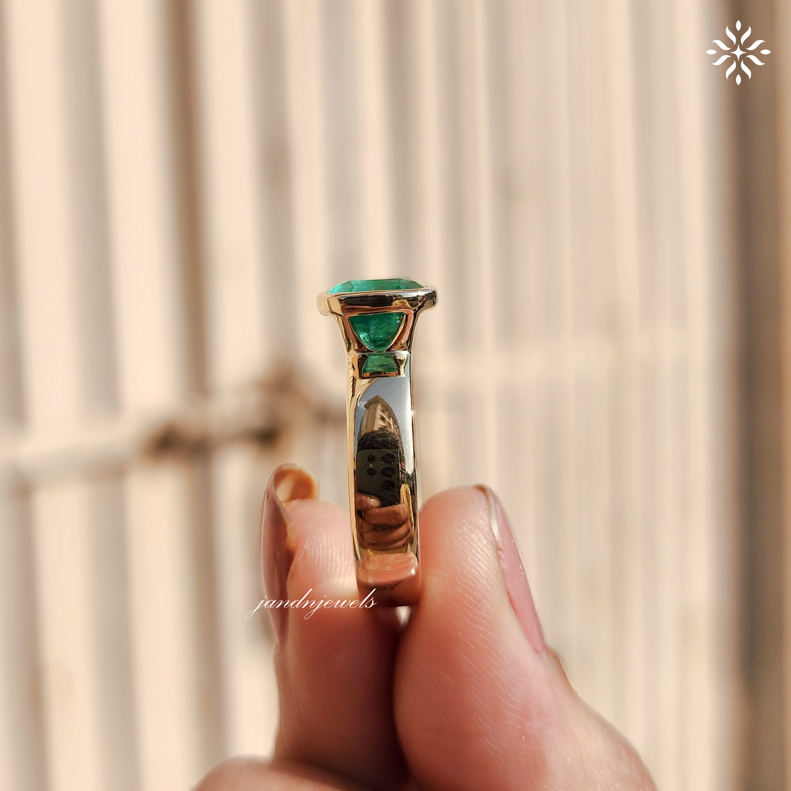 Green Emerald Cushion Cut Ring Bezel Set Solitaire 14K Gold Engagement Ring East West Ring