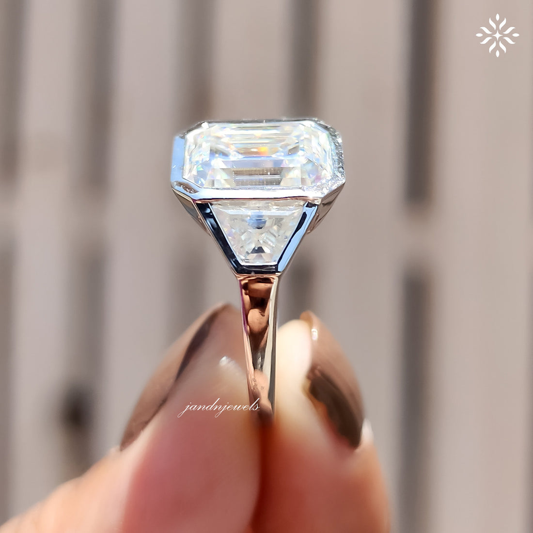 Three Stone Emerald Cut Moissanite Engagement Ring Bezel Set Diamond Ring Trilogy Ring for Her