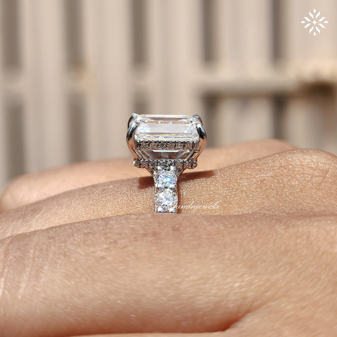 2.5CT Emerald Cut Moissanite Engagement Ring Unique Dabble Hidden Halo Ring 14K Solid Gold Ring for Women