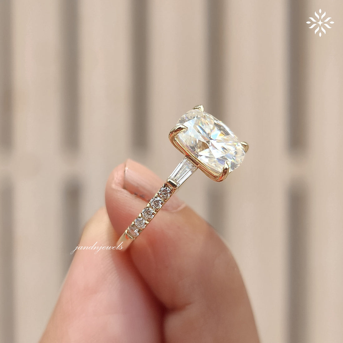 Three Stone Cushion Cut Moissanite Engagement Ring Side Stone Baguette Diamond Ring