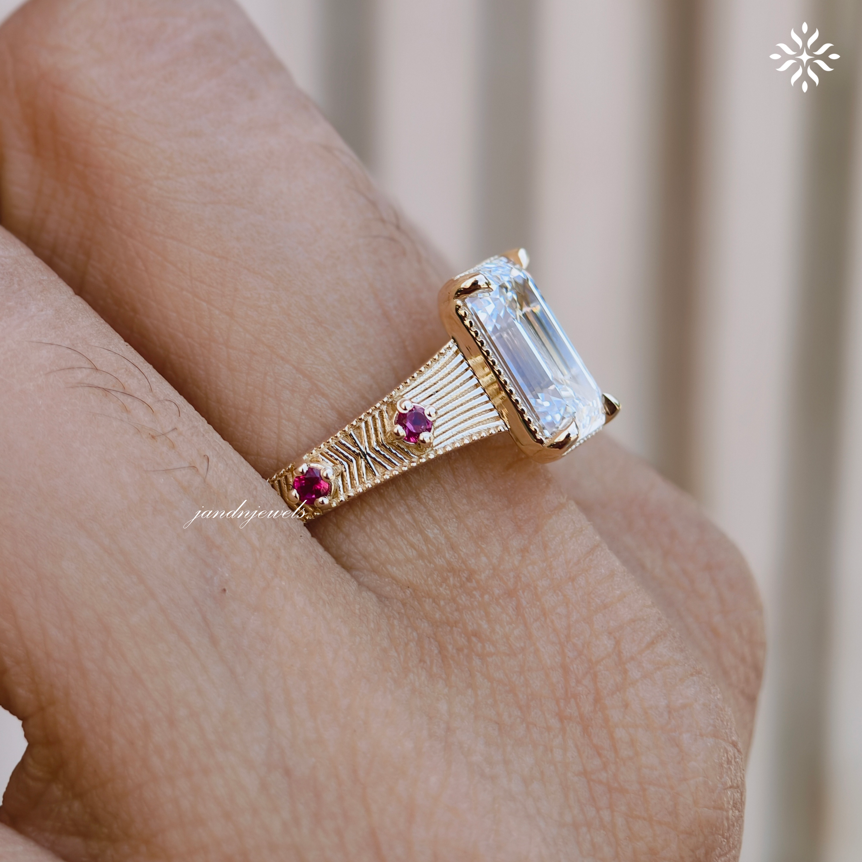3CT Emerald Cut Lab Grown Diamond Engagement Ring, Pink Sapphire Side Stone Ring, Vintage Inspired Engraved Band, 14K Gold Wedding Ring