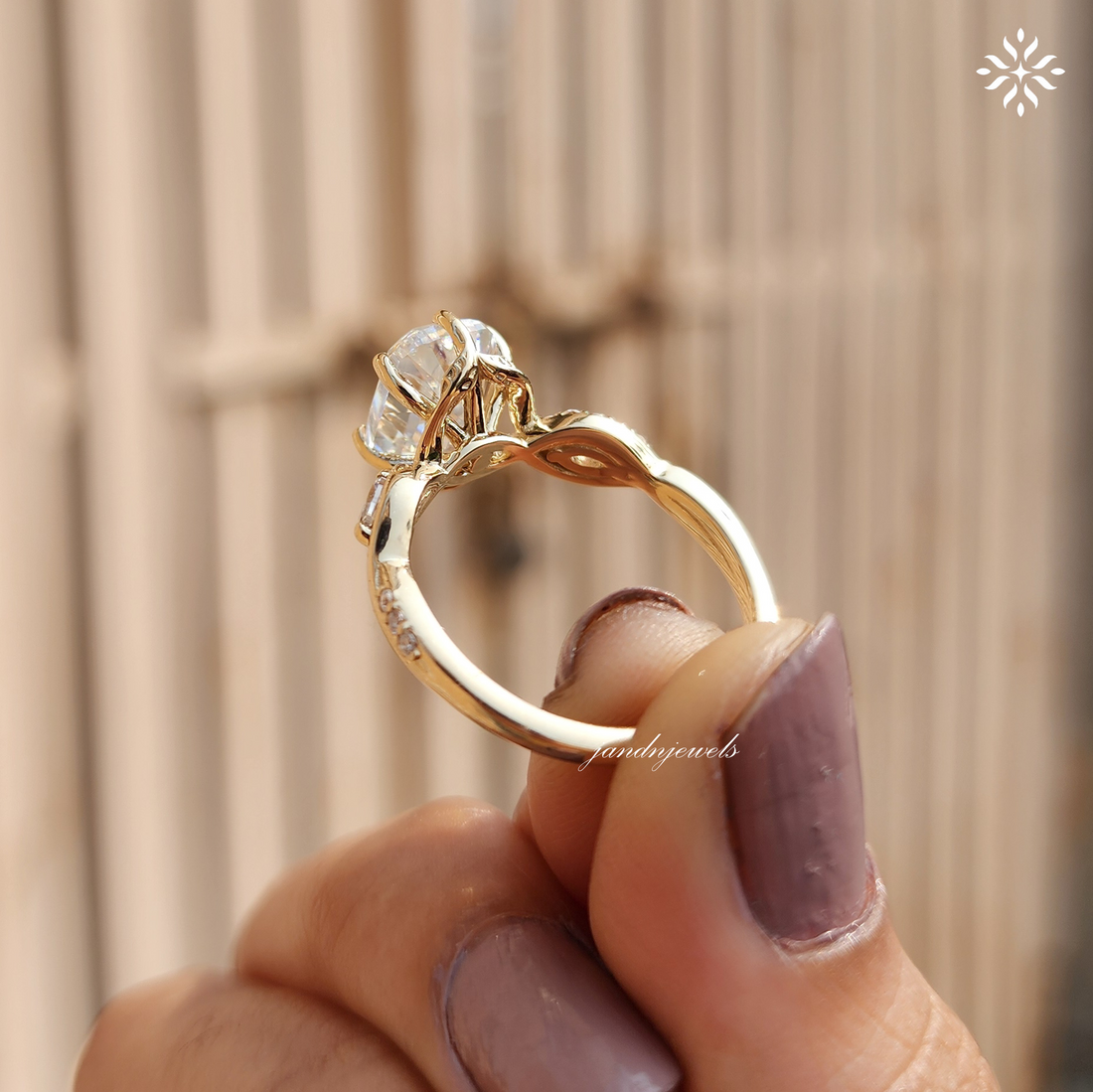 Old Mine Cushion Cut Moissanite Engagement Ring Nature Inspired Leaf Design Ring 14K Solid Gold Ring Floral Art Deco Ring Wedding Ring