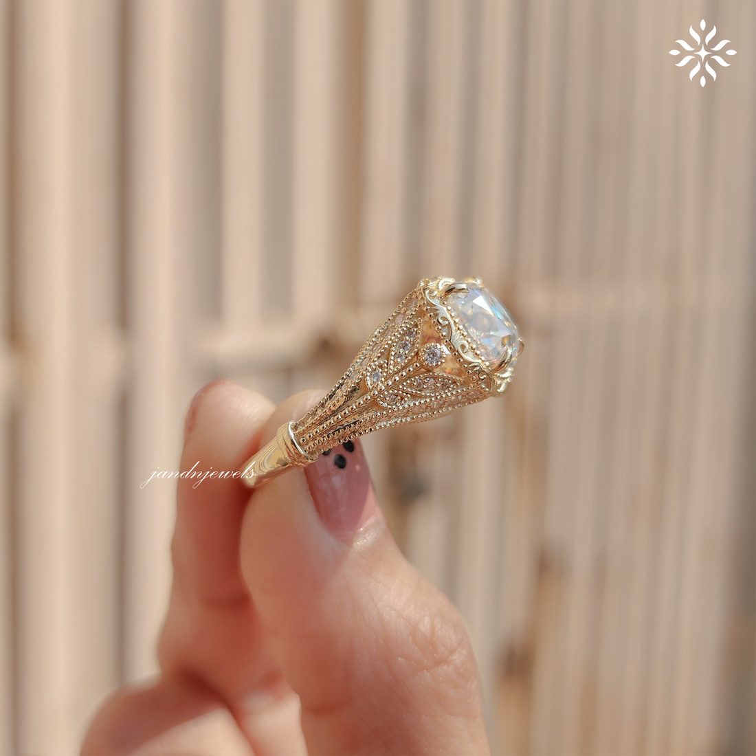 Art Deco Old Mine Cushion Cut Moissanite Engagement Ring Handcrafted Engraved Milgrain Ring 14K Solid Gold Vintage Ring, Taylor Swift Ring
