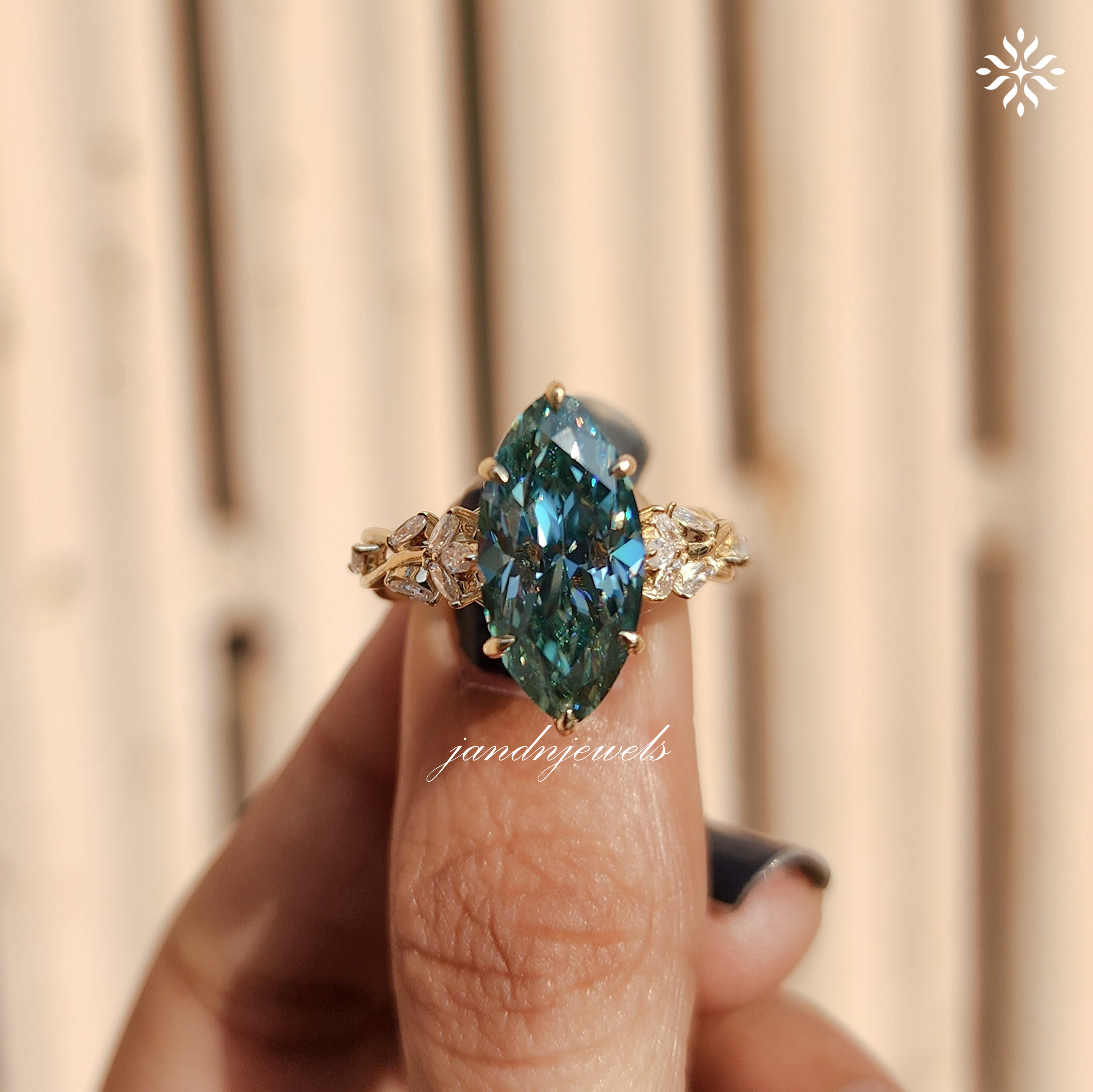 4CT Green Marquise Cut Moissanite Engagement Ring Yellow Gold Floral Vine Ring ArtDeco Ring