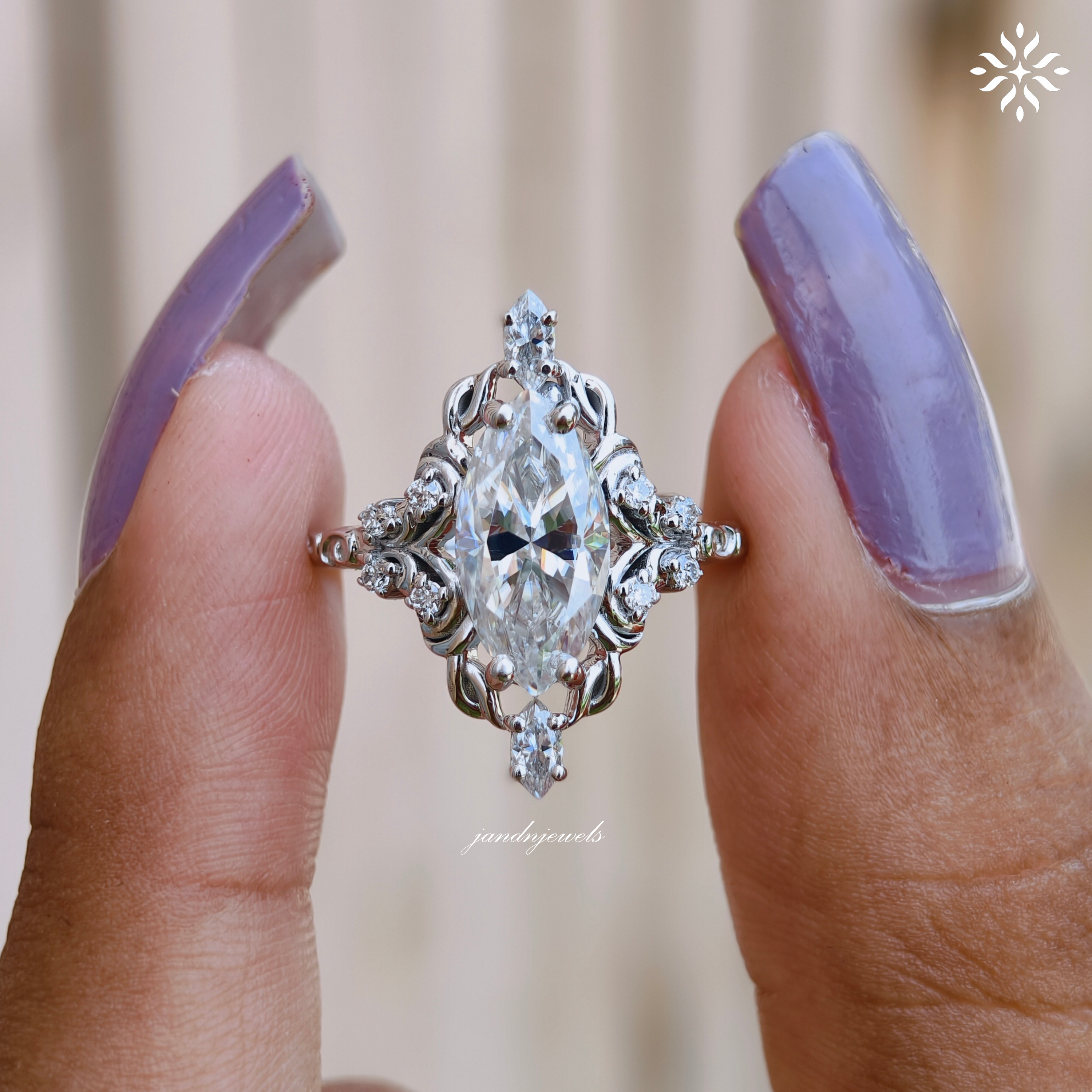 2 Carat Marquise Cut Moissanite Engagement Ring Vintage Inspired Floral Ring Antique Style Engraved Band 14K Gold Unique Bridal Ring