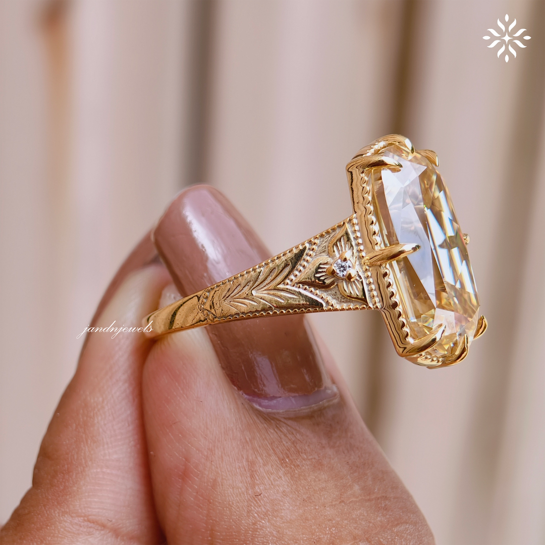 7CT Old Main Yellow Cushion Cut Moissanite Engagement Ring Vintage Inspired Handmade Engraved Art Deco Ring Antique Diamond Ring for Her