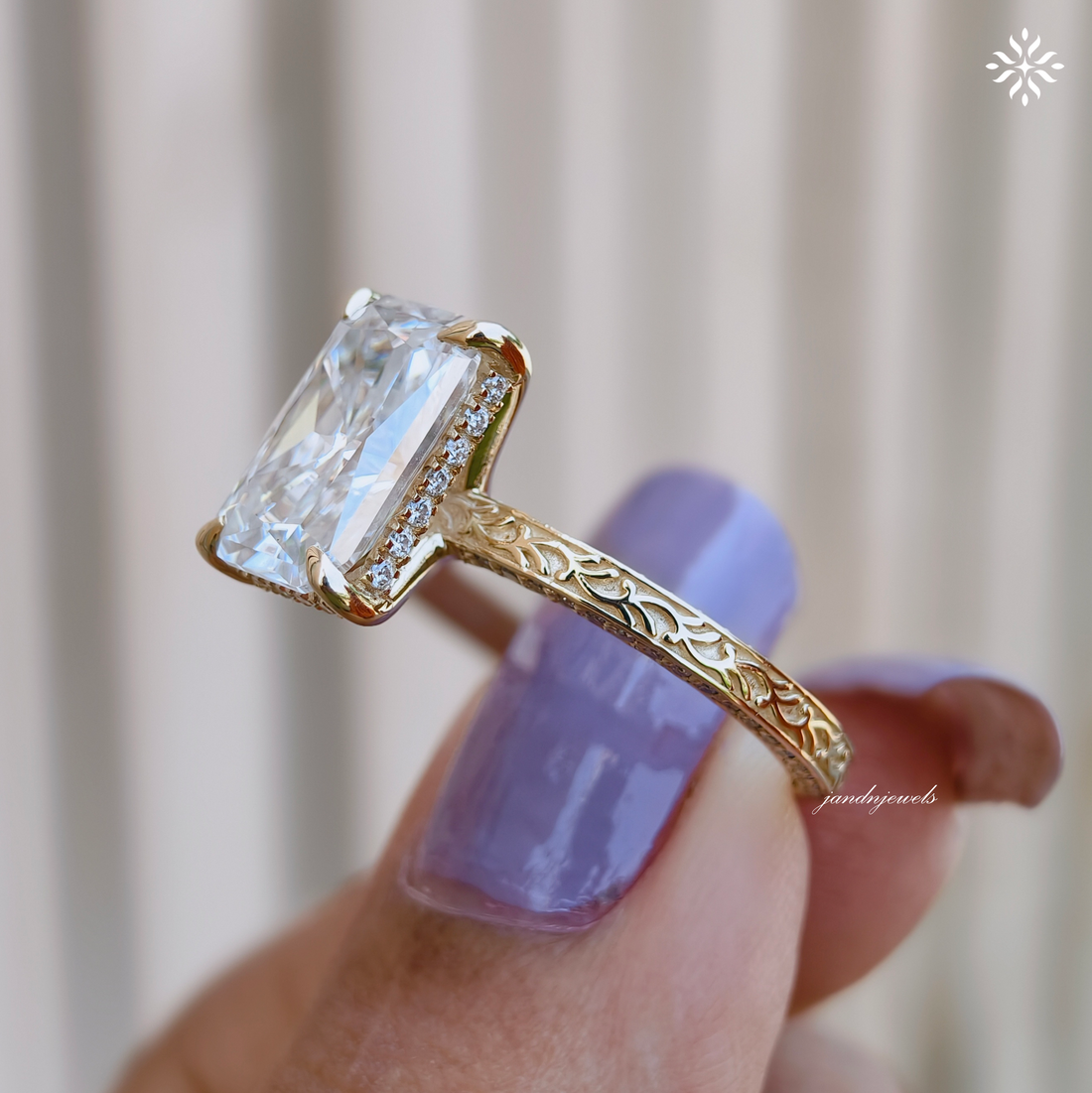 4CT Radiant Cut Moissanite Ring, Solid Yellow Gold Radiant Cut Solitaire Ring, Engraved Wedding Ring, 4 Prongs Anniversary Ring for Women