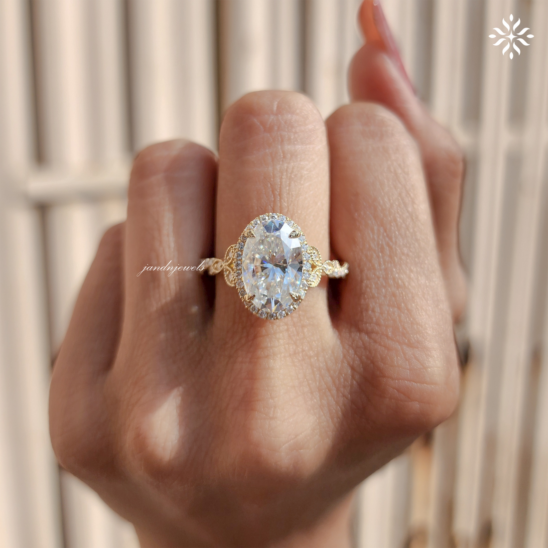 Oval Moissanite Halo Engagement Ring 14K Solid Yellow Gold, Filigree Cluster Design, Twisted Band, Classic Cathedral Setting