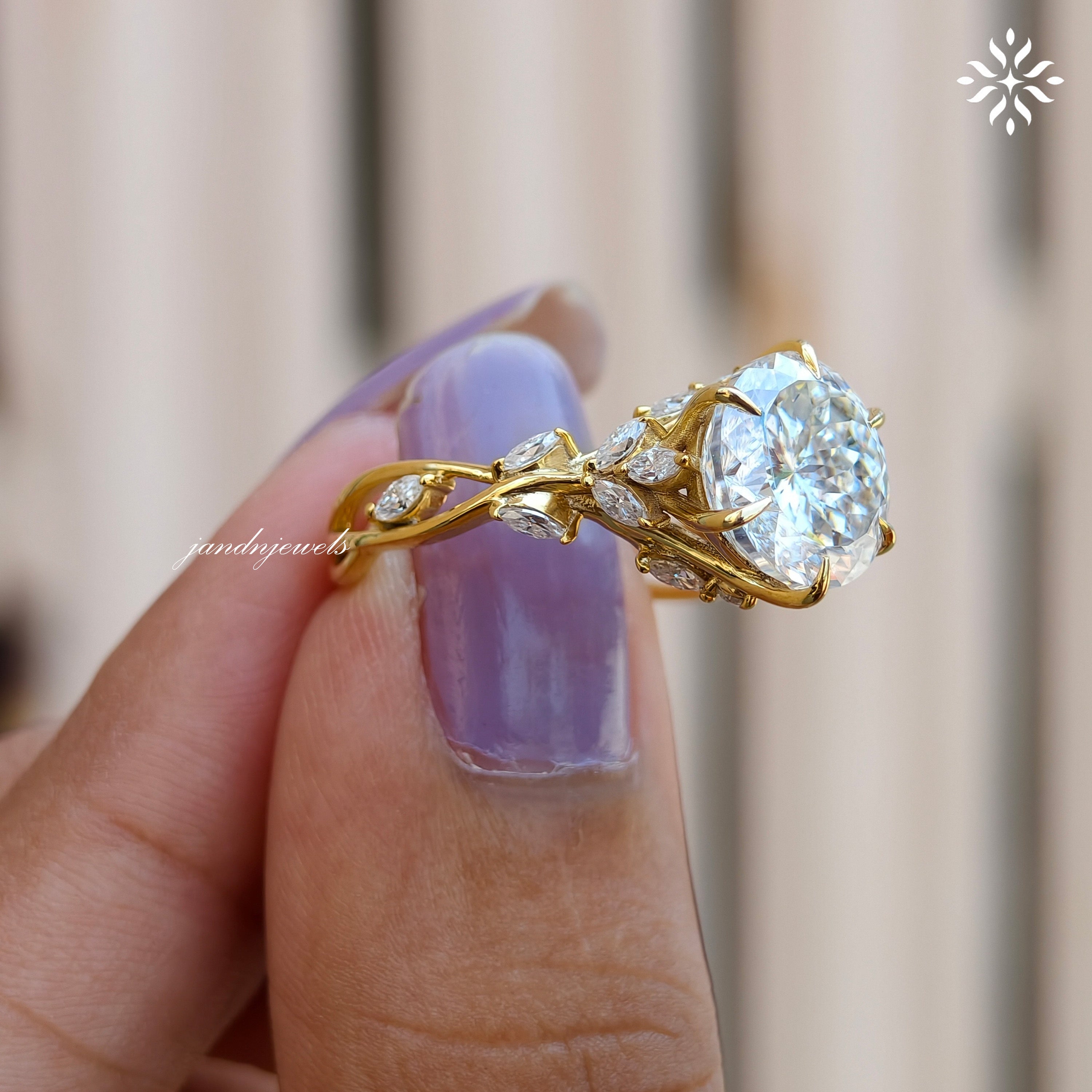Floral Portuguese Cut Moissanite Engagement Ring Art Deco14K Gold Moissanite Diamond Wedding Ring Nature Inspire Ring Promise Ring For Women
