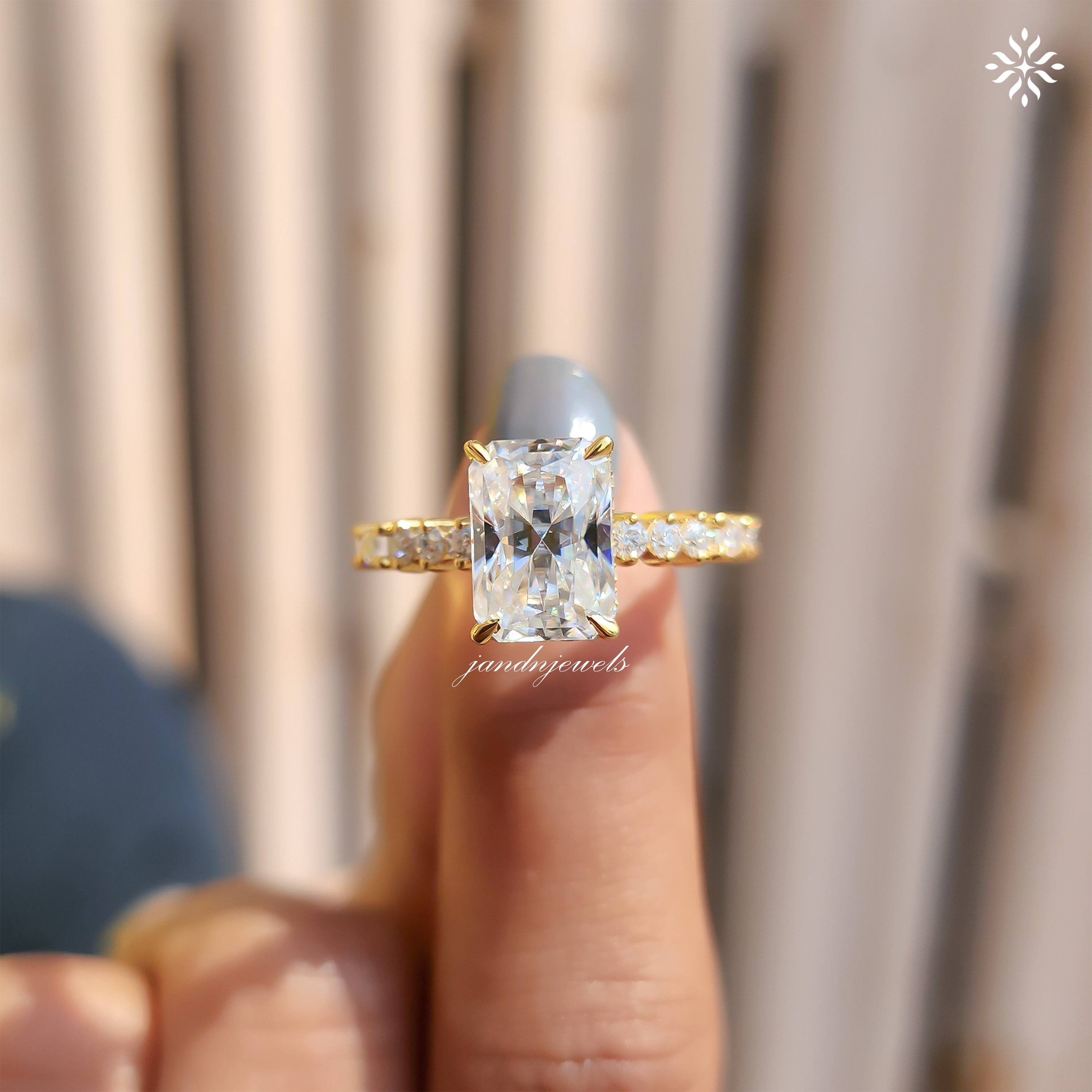 Radiant Cut Moissanite Engagement Ring Hidden Halo Radiant Cut Ring Baguette Band