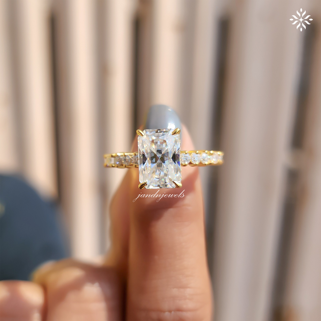 Radiant Cut Moissanite Engagement Ring Hidden Halo Radiant Cut Ring Baguette Band