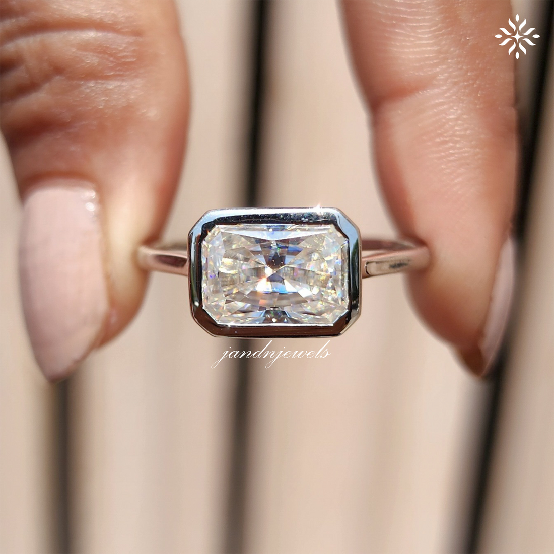 East West Radiant Cut Moissanite Engagement Ring 14K Gold Bezel Set Solitaire Cathedral Wedding Ring Anniversary Gift For Her