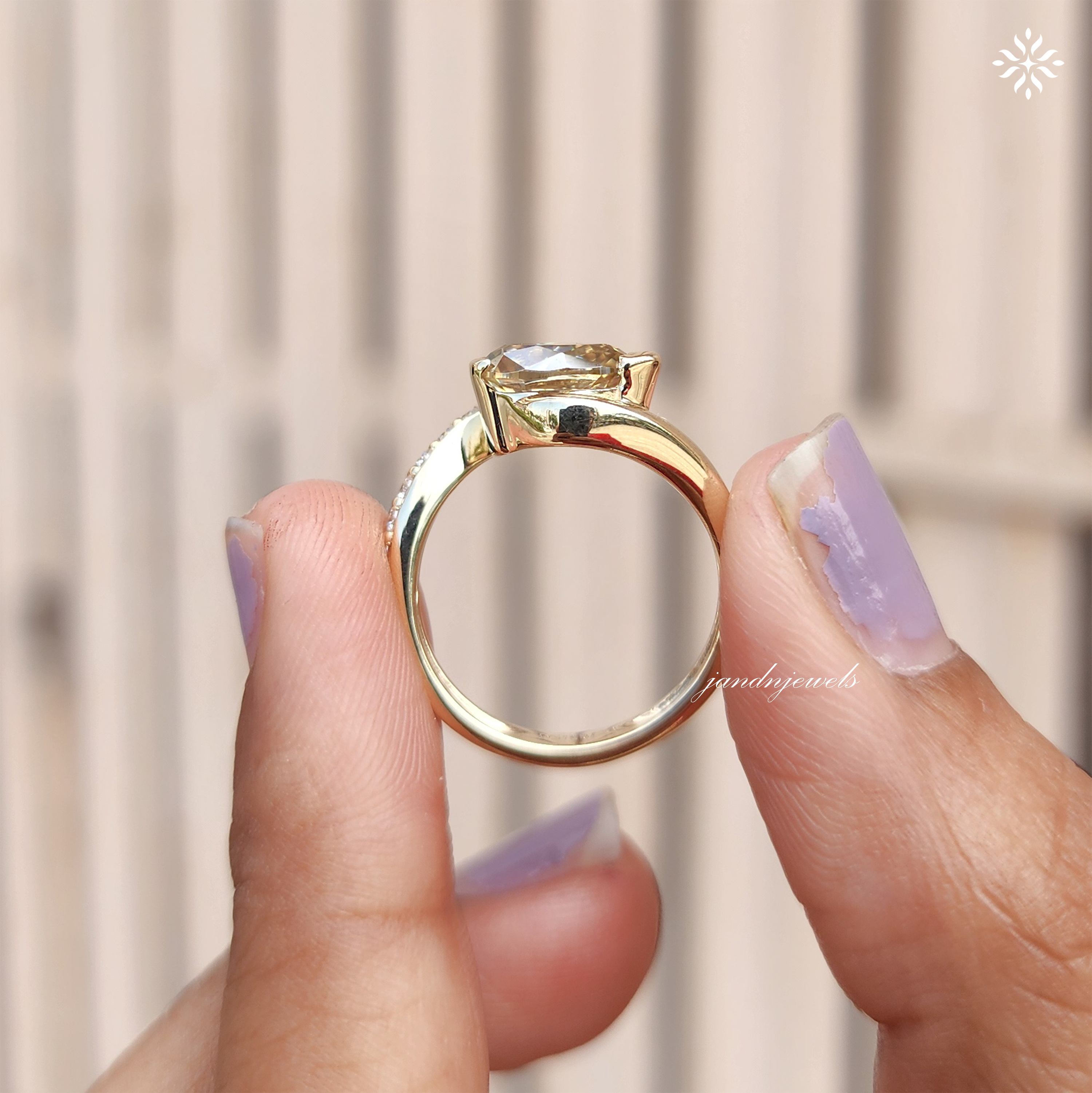 Champagne Pear Cut Moissanite Ring, Curved Pave Band, Asymmetrical Gold Engagement Ring
