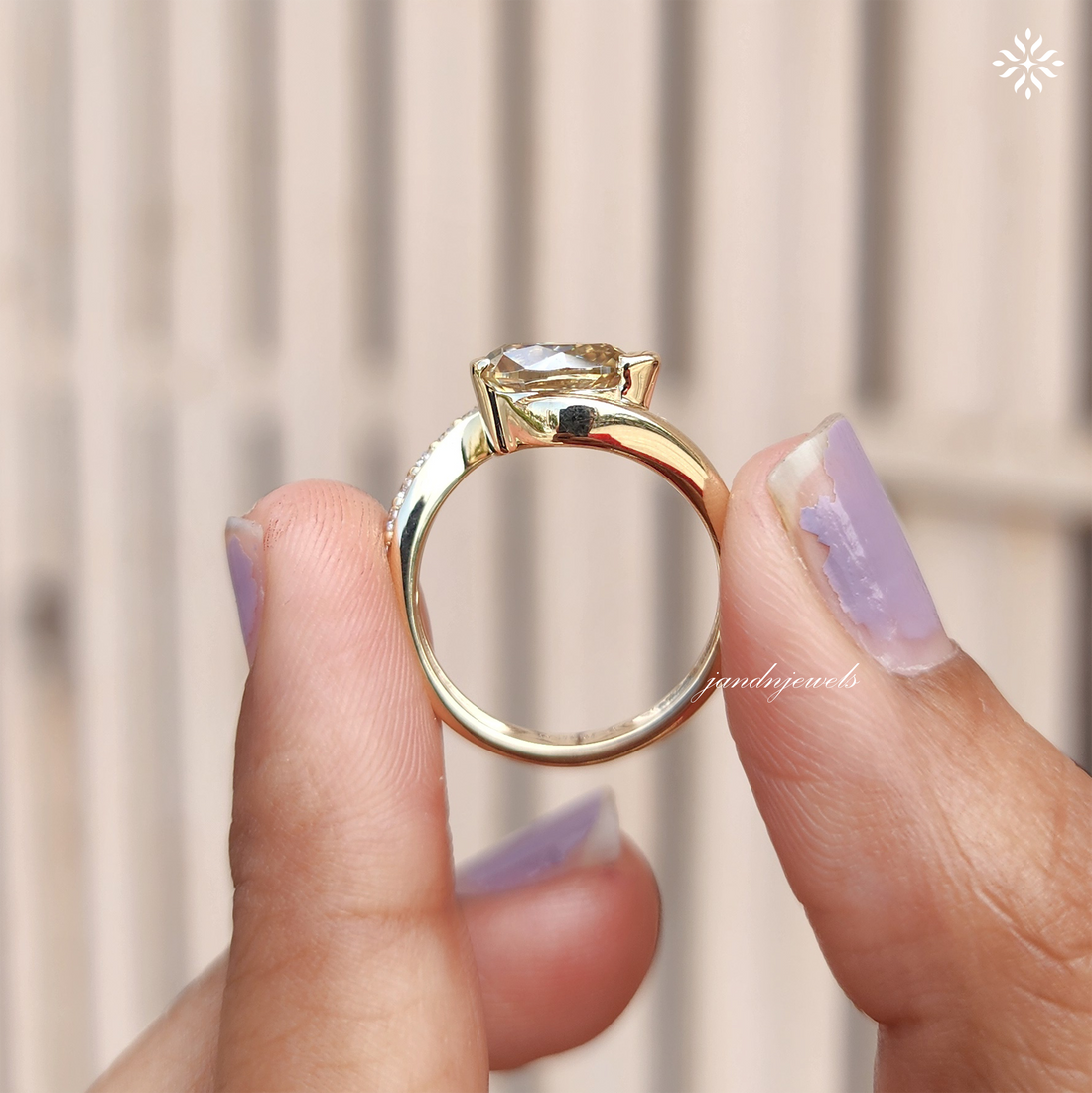 Champagne Pear Cut Moissanite Ring, Curved Pave Band, Asymmetrical Gold Engagement Ring