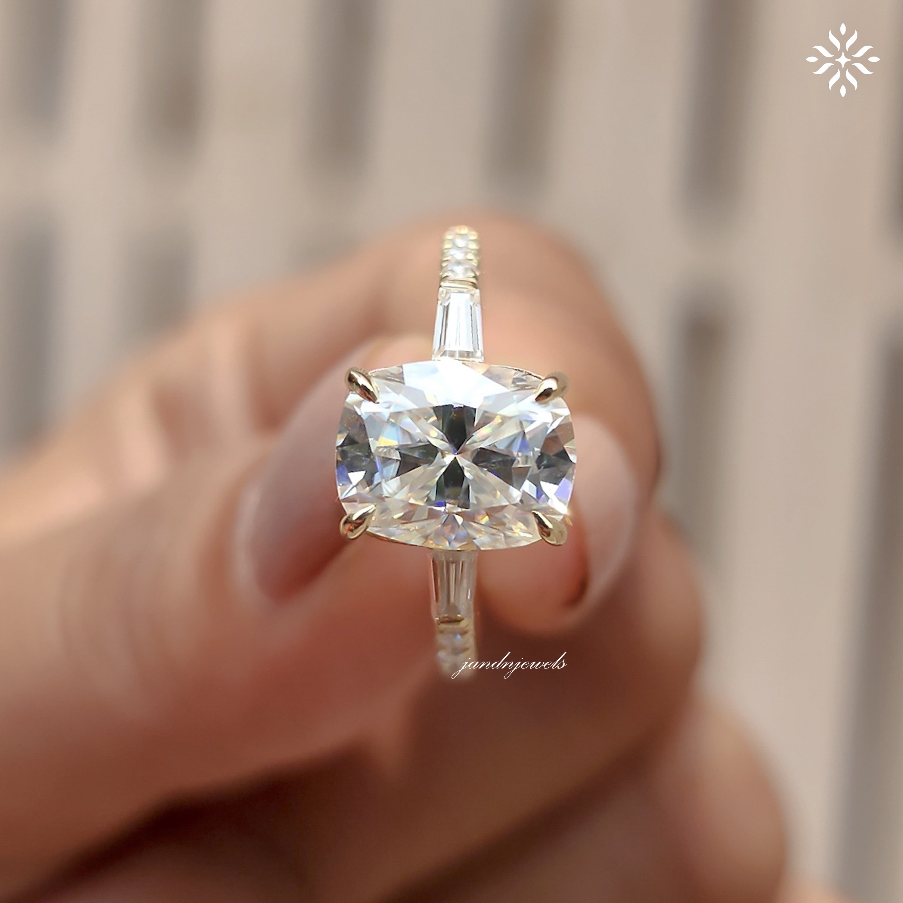 Three Stone Cushion Cut Moissanite Engagement Ring Side Stone Baguette Diamond Ring