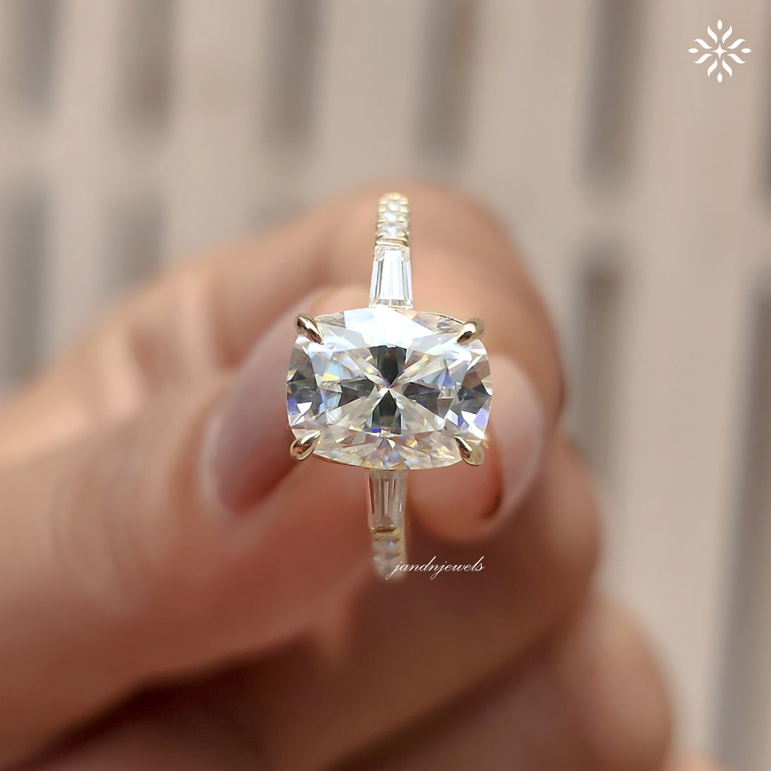 Three Stone Cushion Cut Moissanite Engagement Ring Side Stone Baguette Diamond Ring