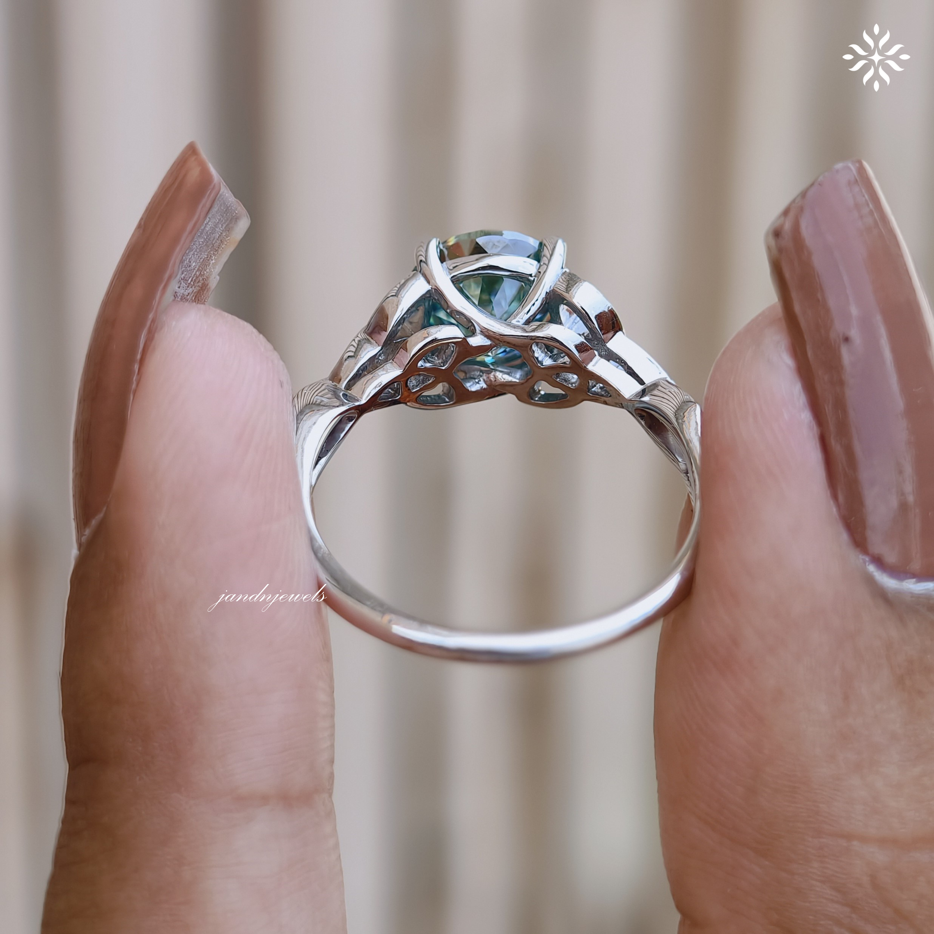 Vintage Celtic Knot Ring Cyan Blue Portuguese Cut Moissanite Engagement Ring Promise Ring for Her