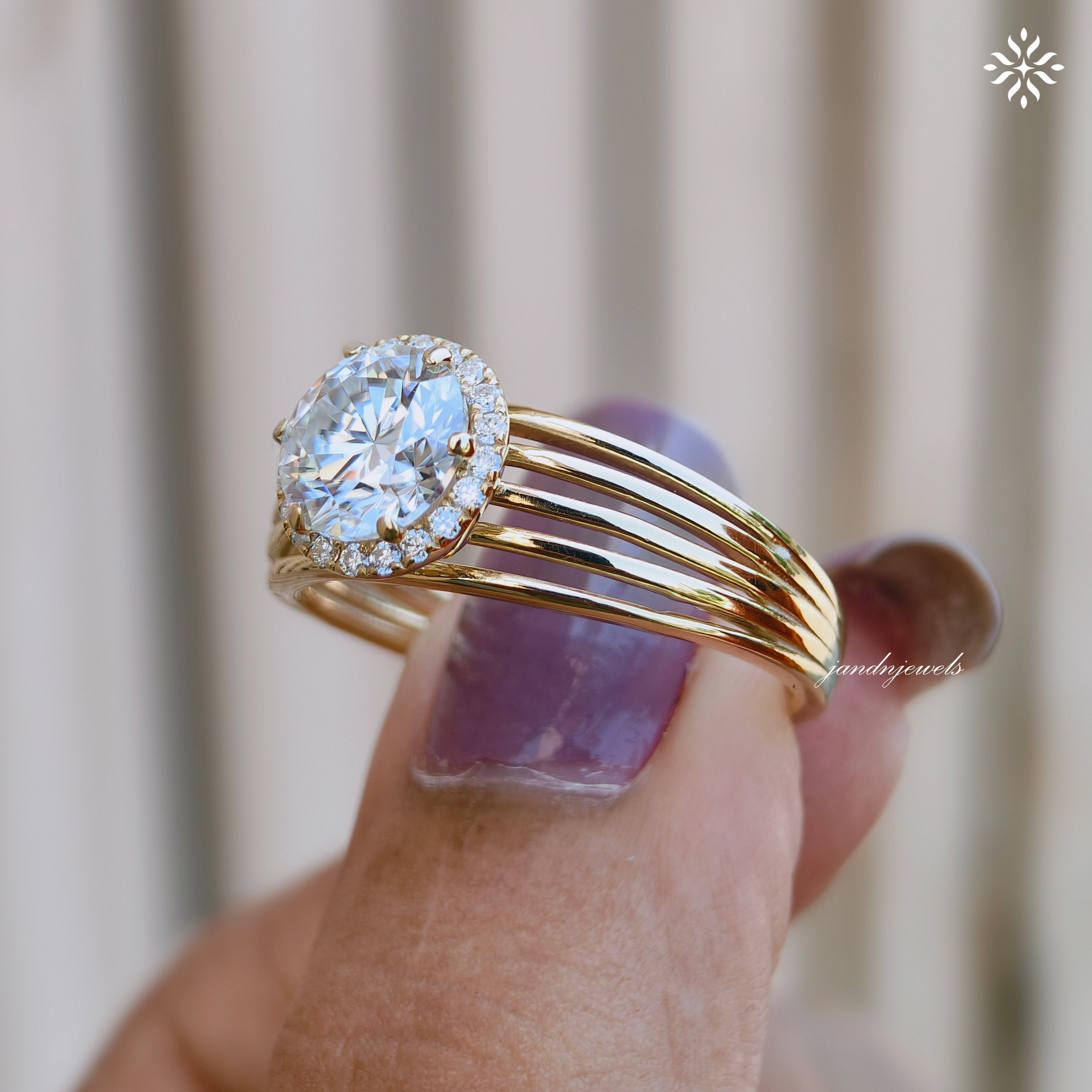Brilliant Round Moissanite Engagement Ring Open Split Shank Gold Ring Halo Antique Style Ring Antique Style Bridal Ring