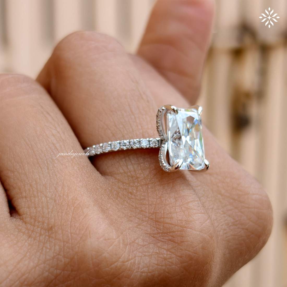 Radiant Cut Moissanite Engagement Ring Hidden Halo Ring 14K Solid Gold Baguette Halo Ring Diamond Ring for Women