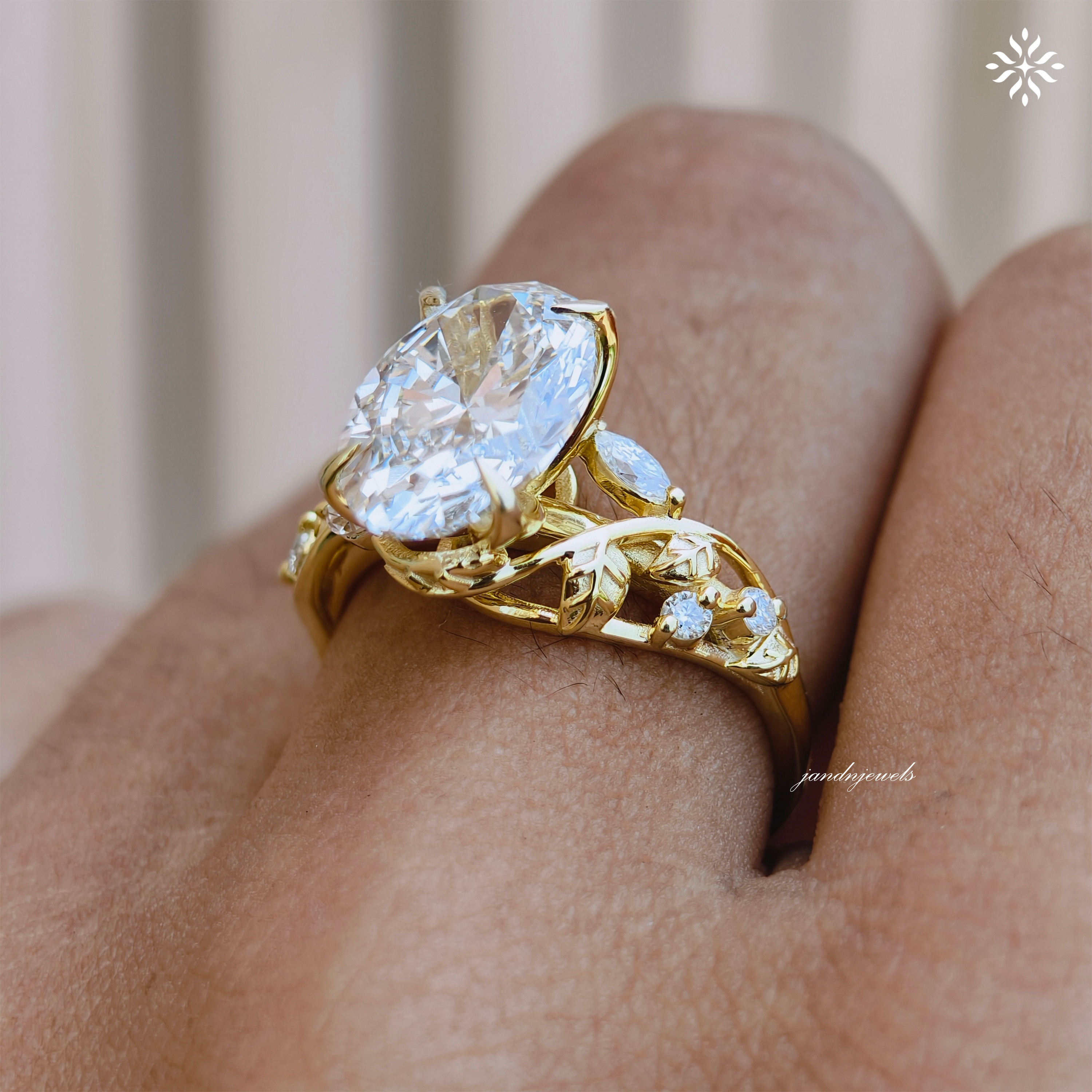Botanical Oval Cut Lab Grown Diamond Engagement Ring Nature Inspired Floral Ring Vine Leaf Wedding Ring 14K Solid Yellow Gold Ring for Her
